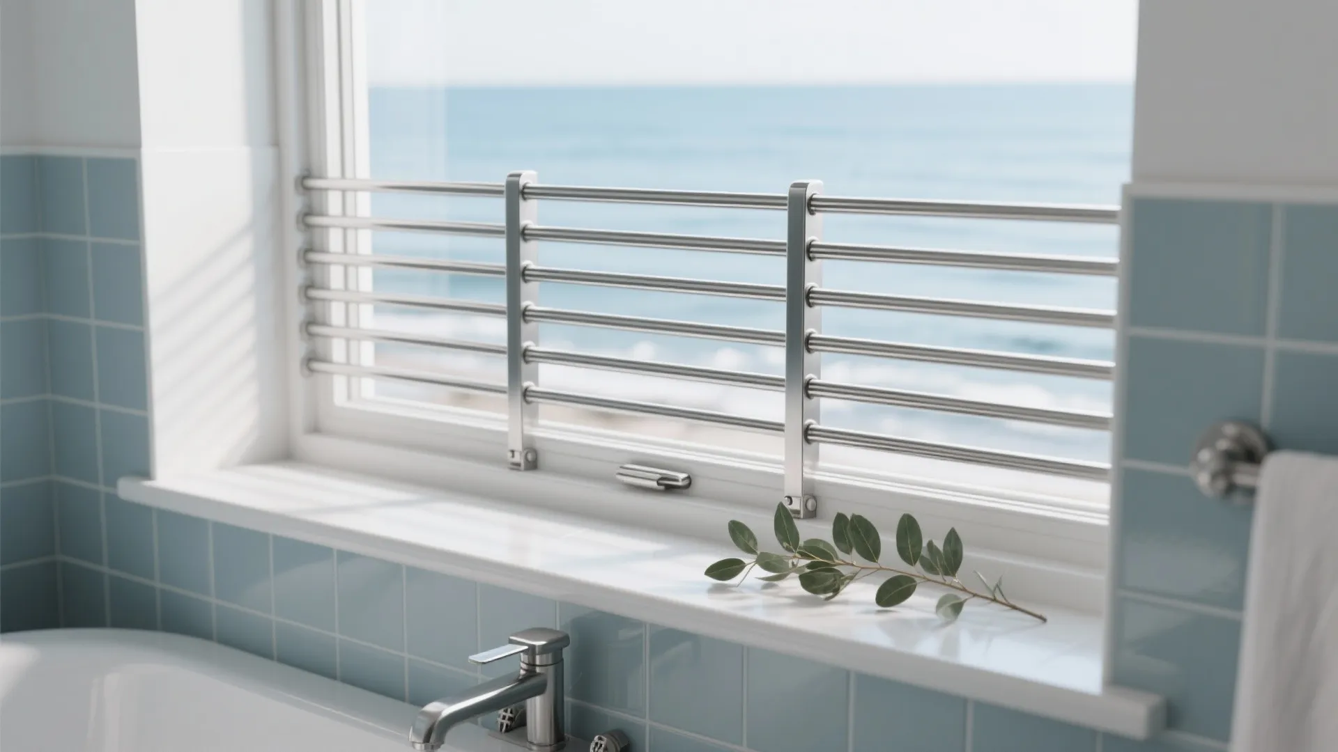 SS316 brushed stainless window grill in a coastal bathroom with soft blue-gray tiles