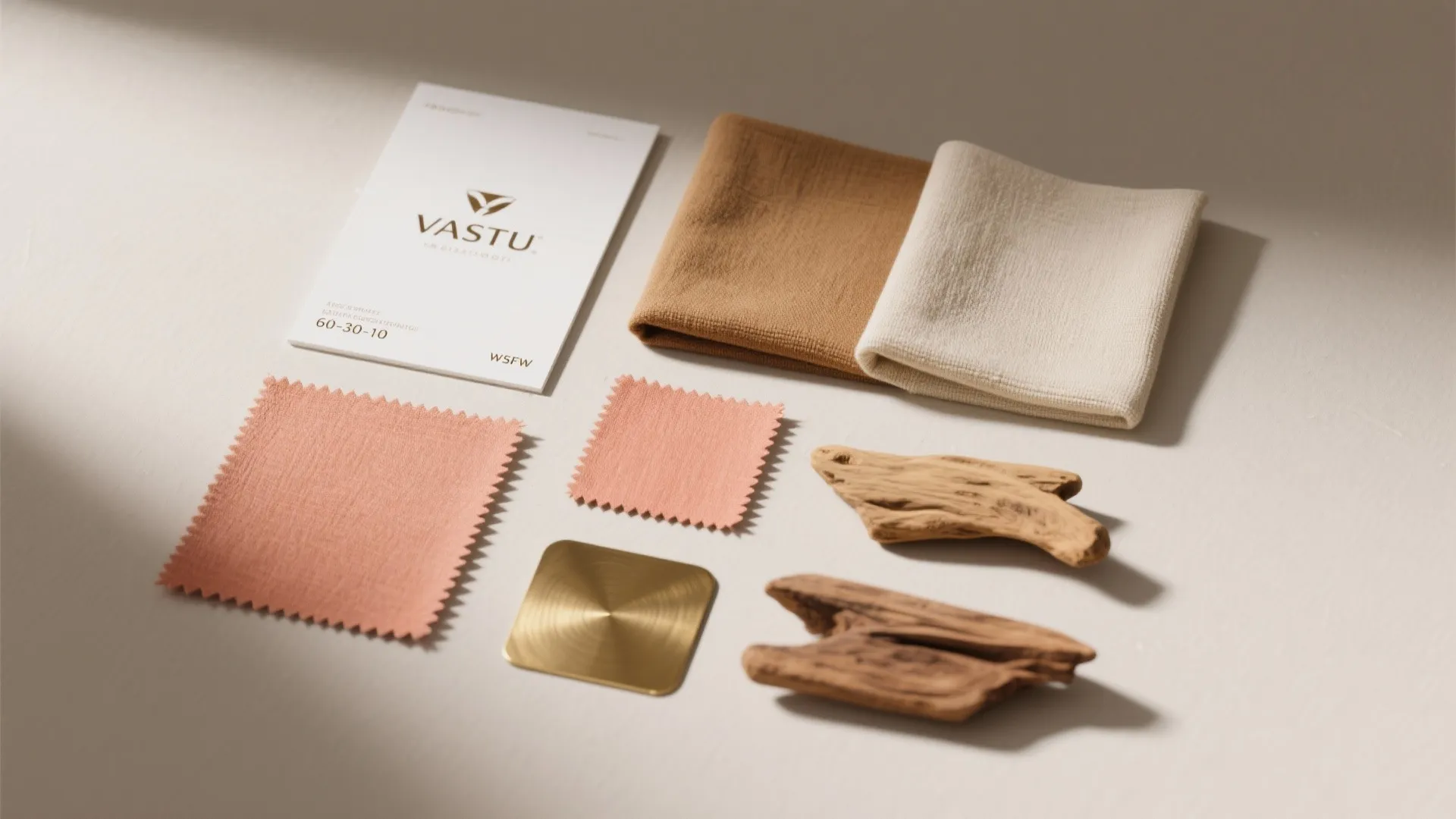 Material mood board featuring fabric samples gold metal plate wood pieces and a branded card