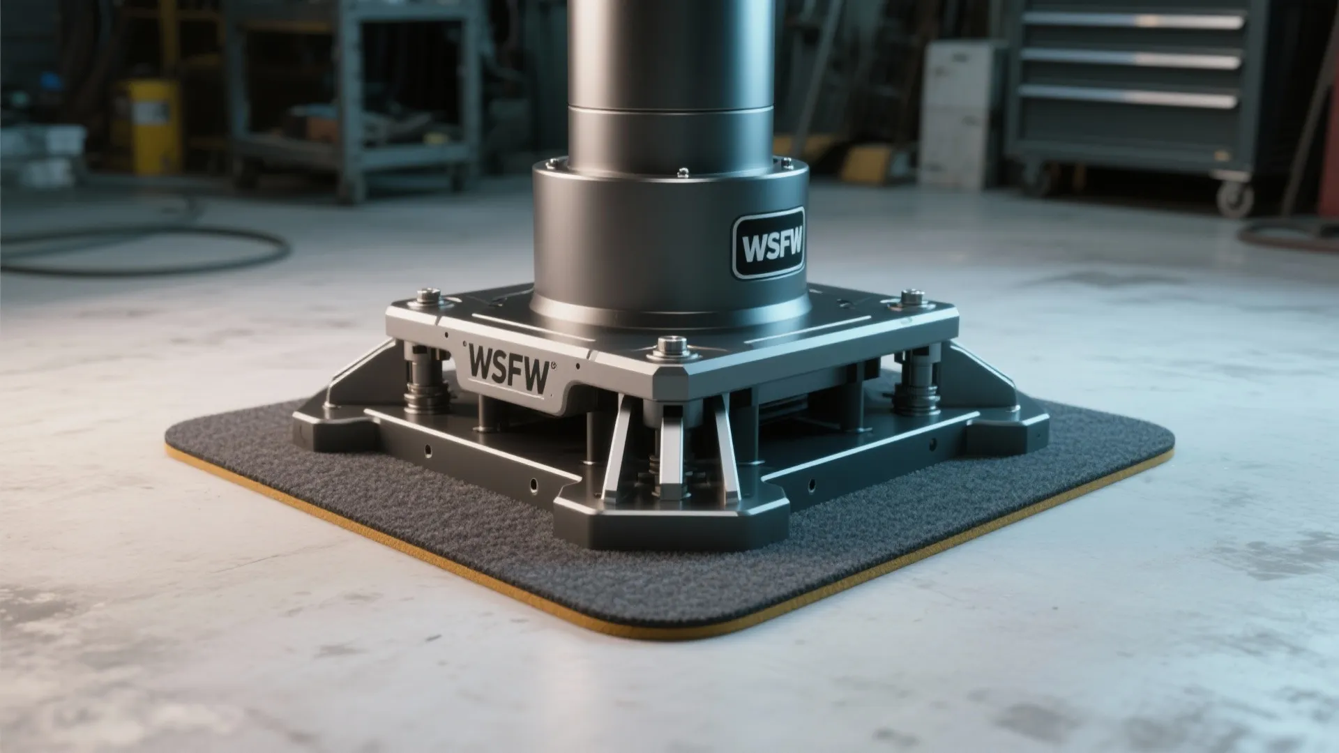 Detail of a wide weighted pedestal base and felt pads showing construction for stability