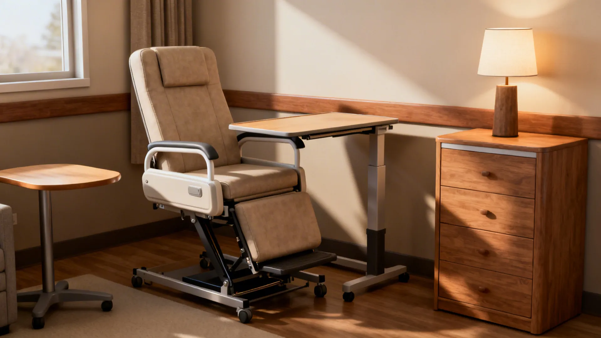 Compact nursing room corner with a sturdy lift recliner, tuck-away tray table, and rounded-edge furniture.