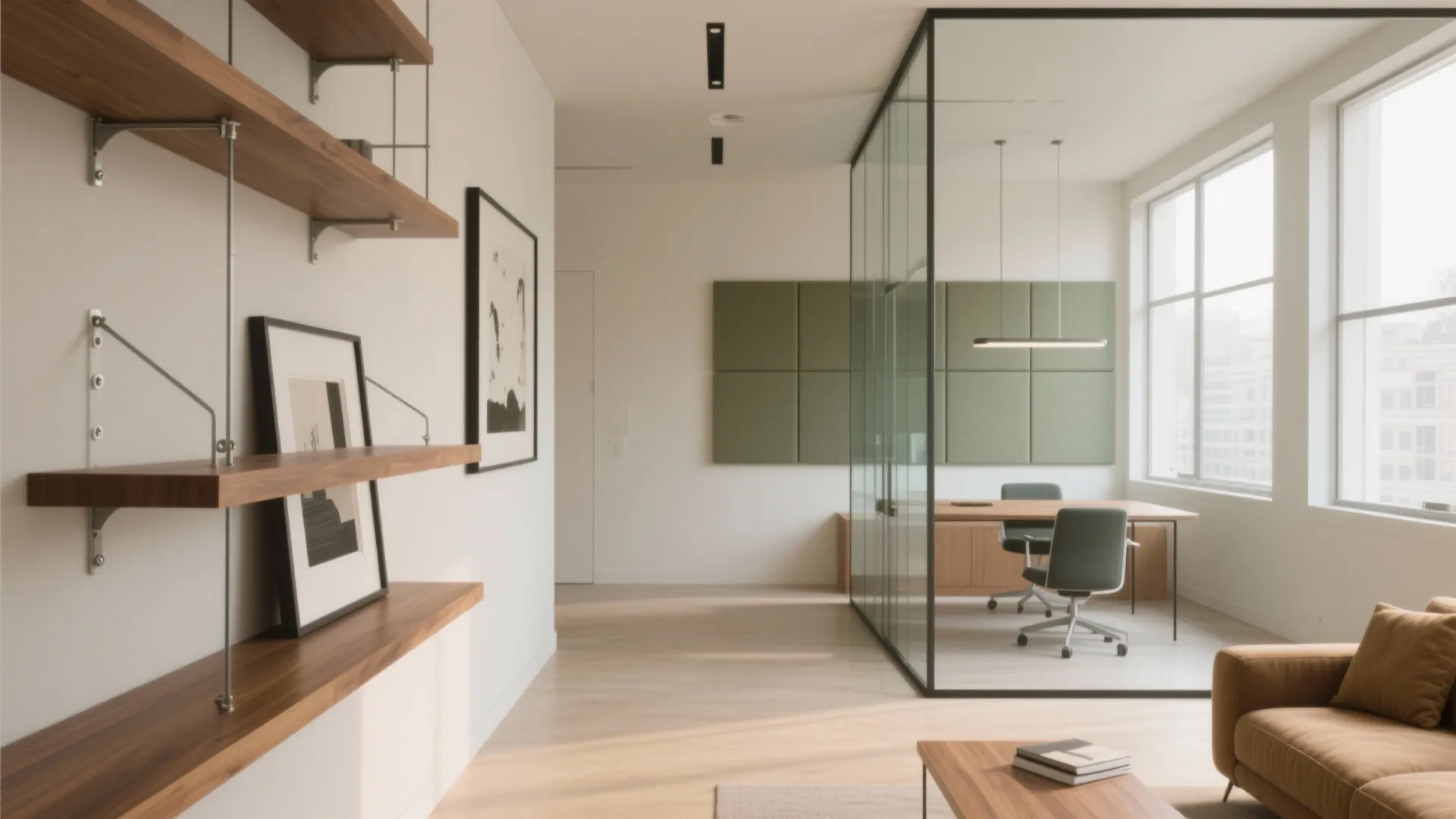 Modern office layout with glass wall green wall panels wooden shelves and a brown sofa
