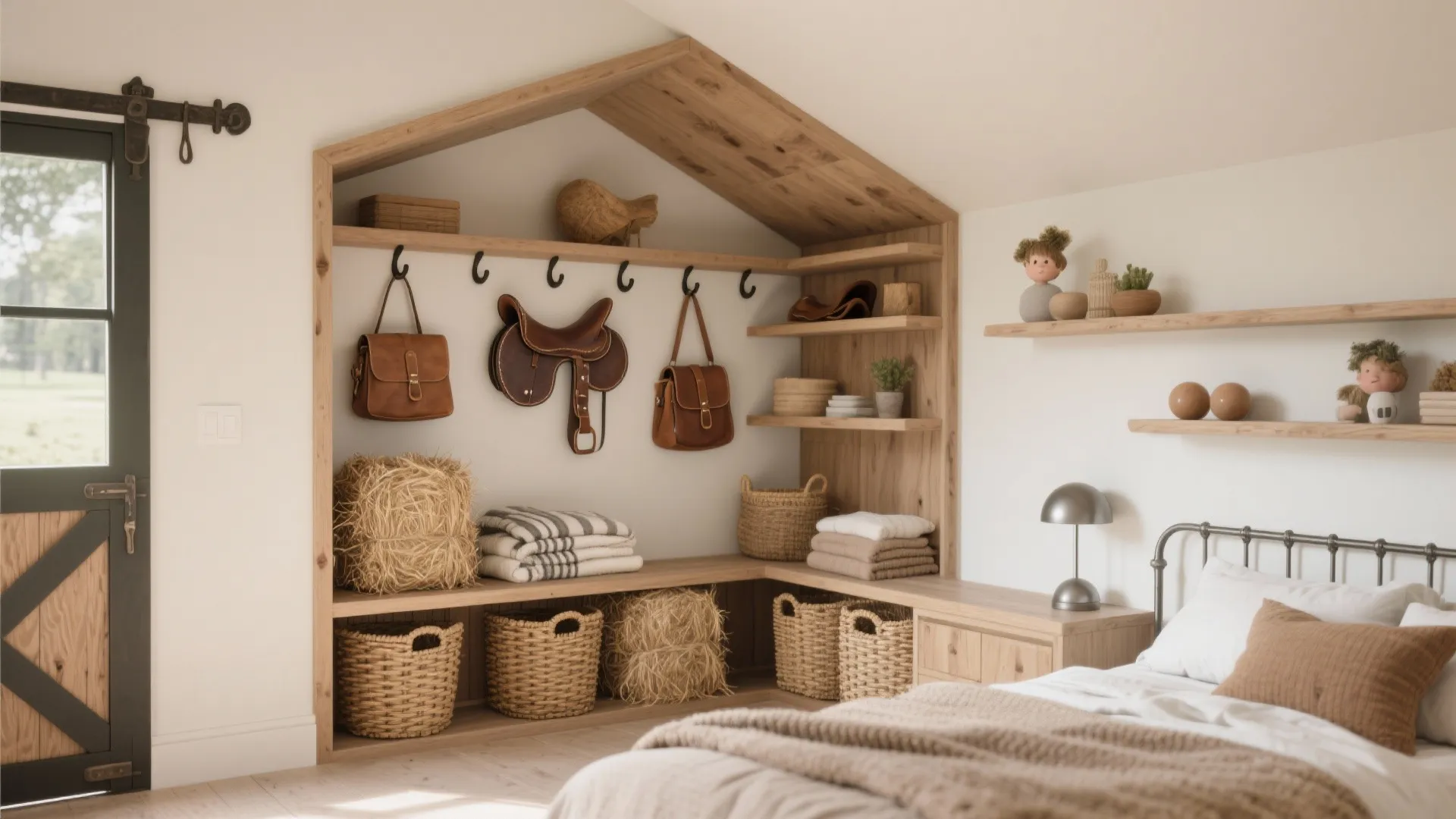 L-shaped alcove with saddle-like shelves, woven baskets and rounded leather hooks for storage.