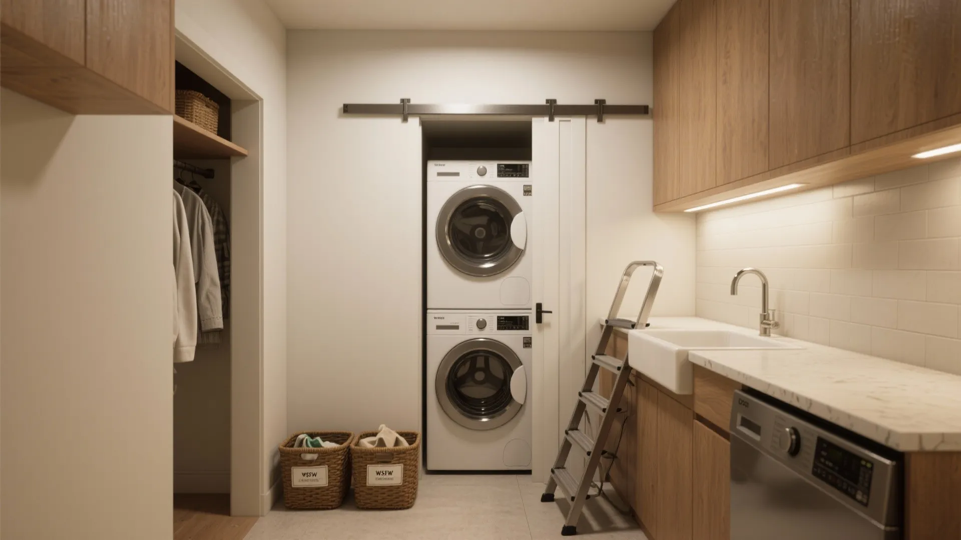 Modern laundry room with stacked washing machine dryer behind sliding door and white marble kitchen counter