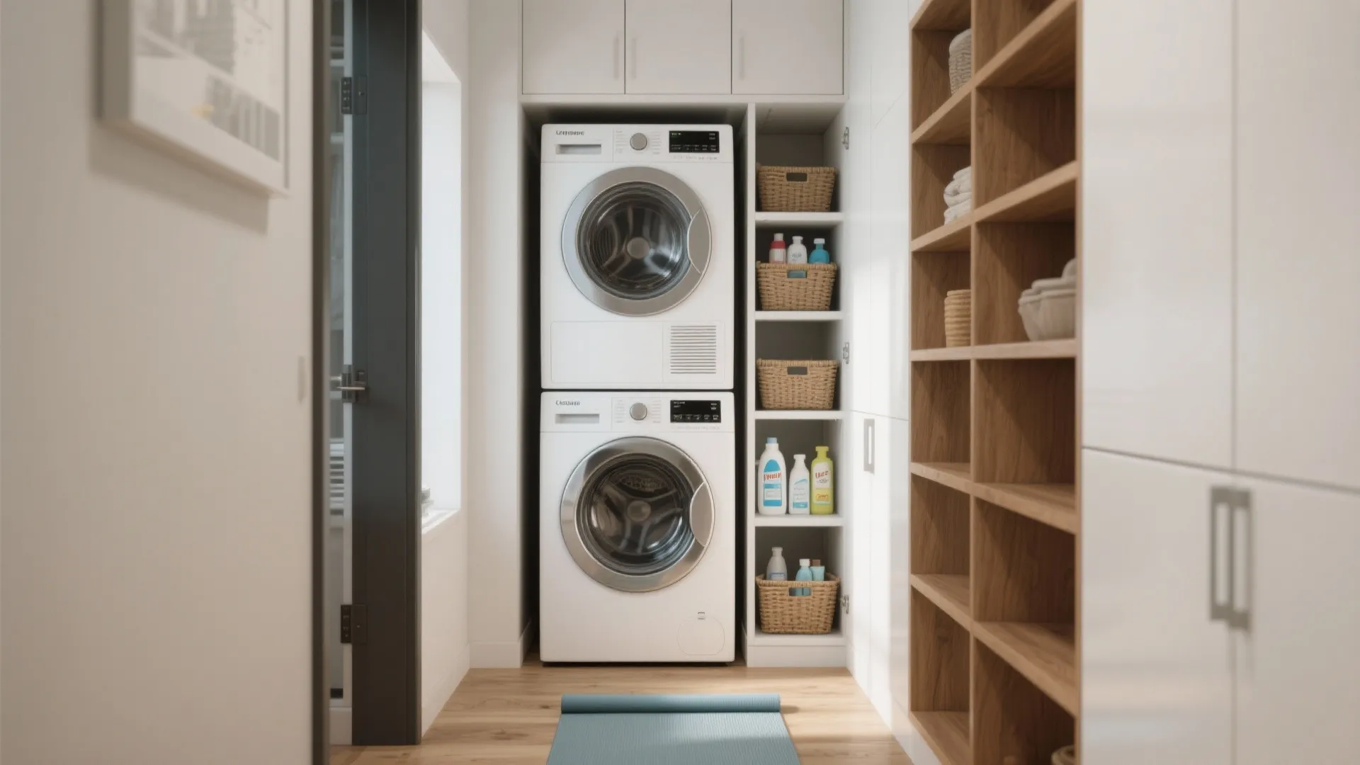1. Stack and hide: vertical washer-dryer + tall storage