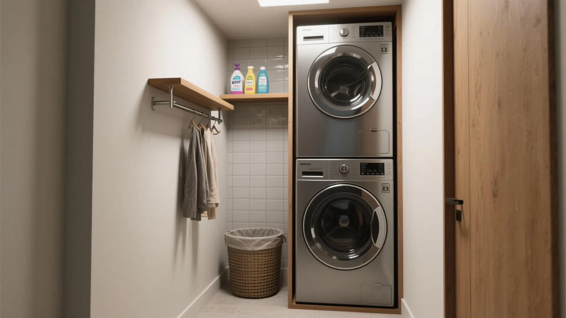 Small laundry room with stacked silver washing machines wooden shelf hanging clothes and woven basket