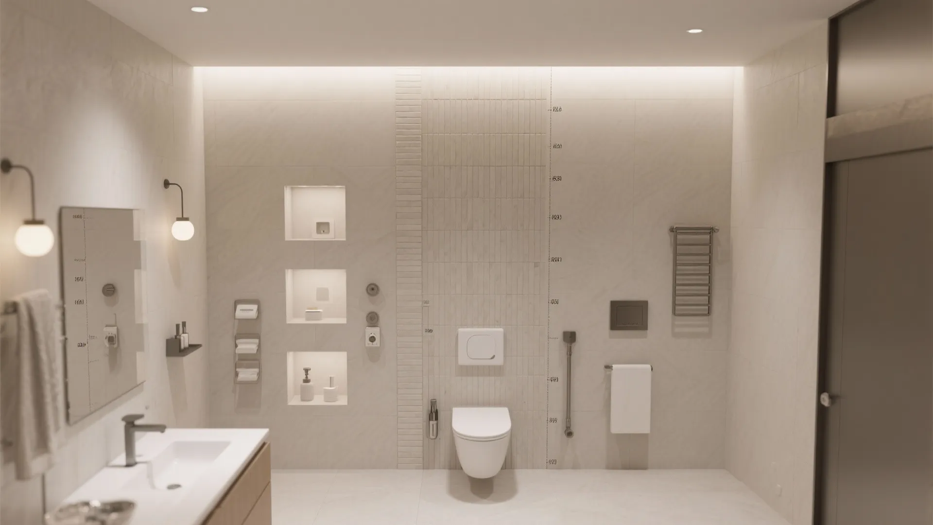 Top-down plan showing vertical stack bond grid aligned with niches and fixtures.