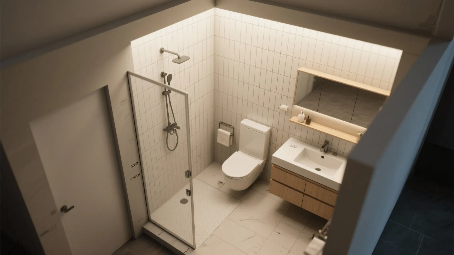 Top view of a small bathroom featuring glass shower toilet sink cabinet and white tiles