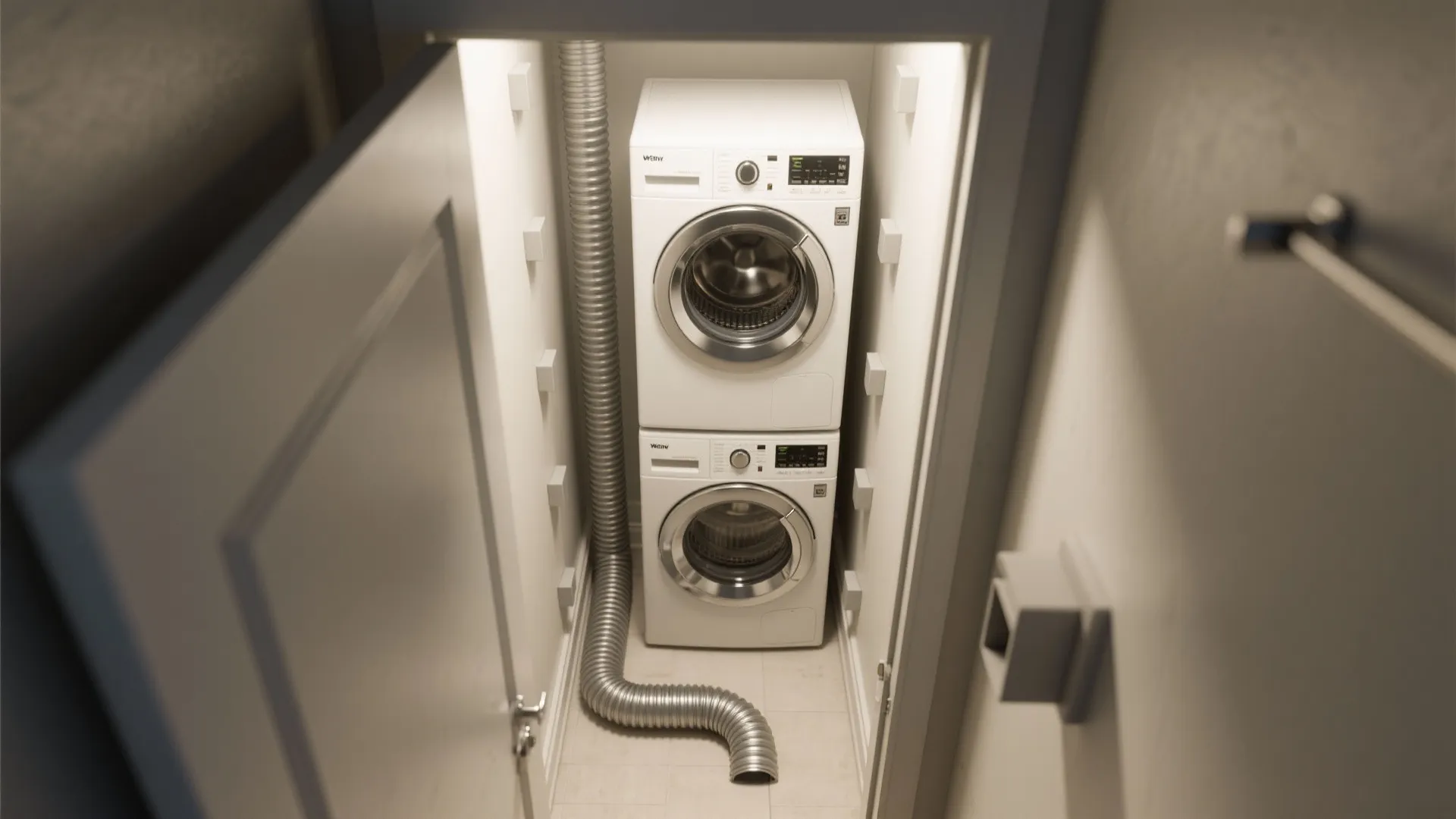 Top-down view of a stacked laundry closet with realistic clearances and a smooth rigid vent path.