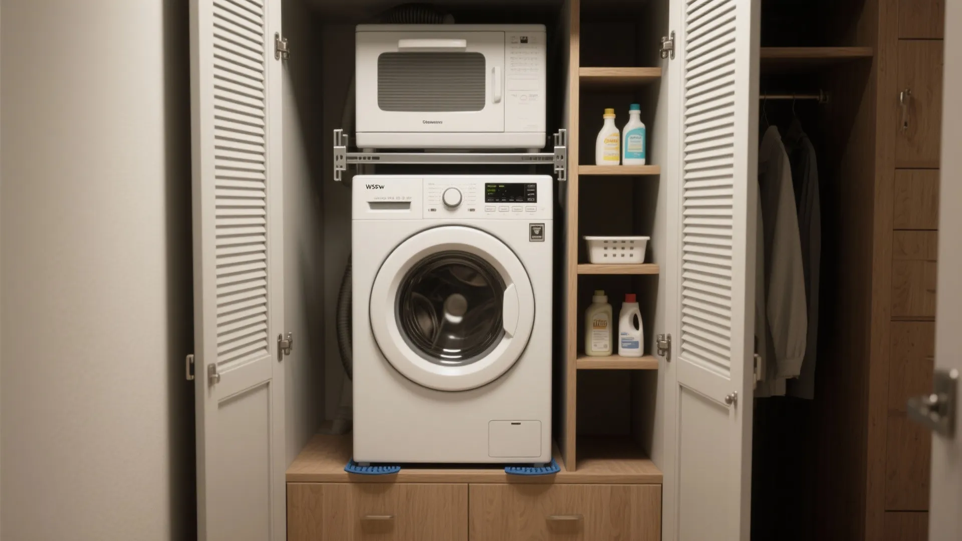 Stacked compact washer and ventless dryer in a closet with louvered doors and ventilation gaps.