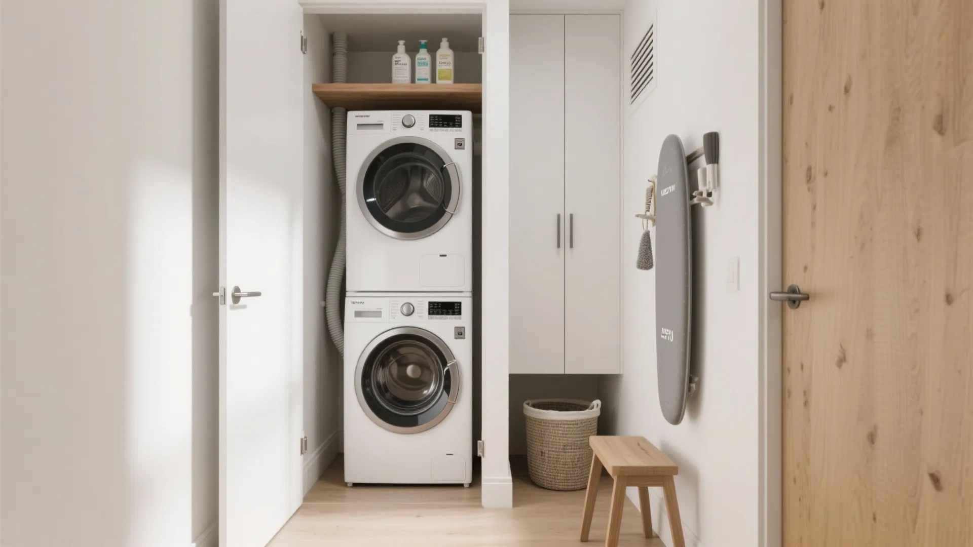 Small laundry nook with stacked washing machines white storage cabinet wooden stool and ironing board