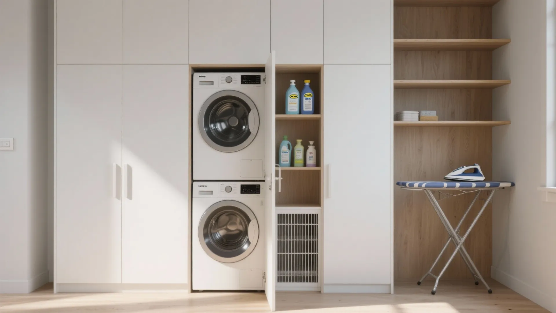 Tall IKEA-style cabinets hiding a stacked washer-dryer with organized internal shelving and ventilation gap.