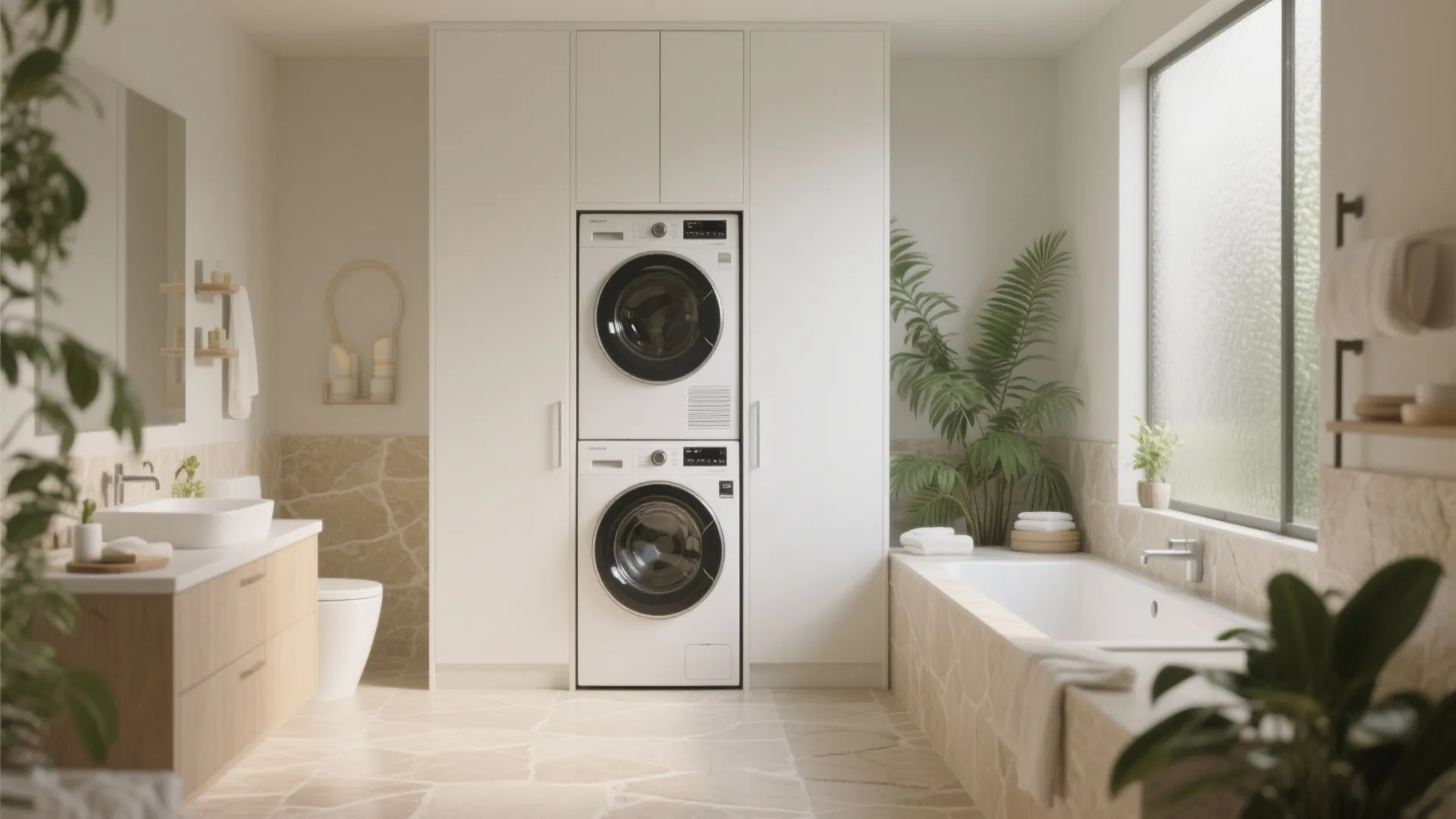 Modern bathroom with stacked washing machine and dryer in white cabinet plus bathtub and sink
