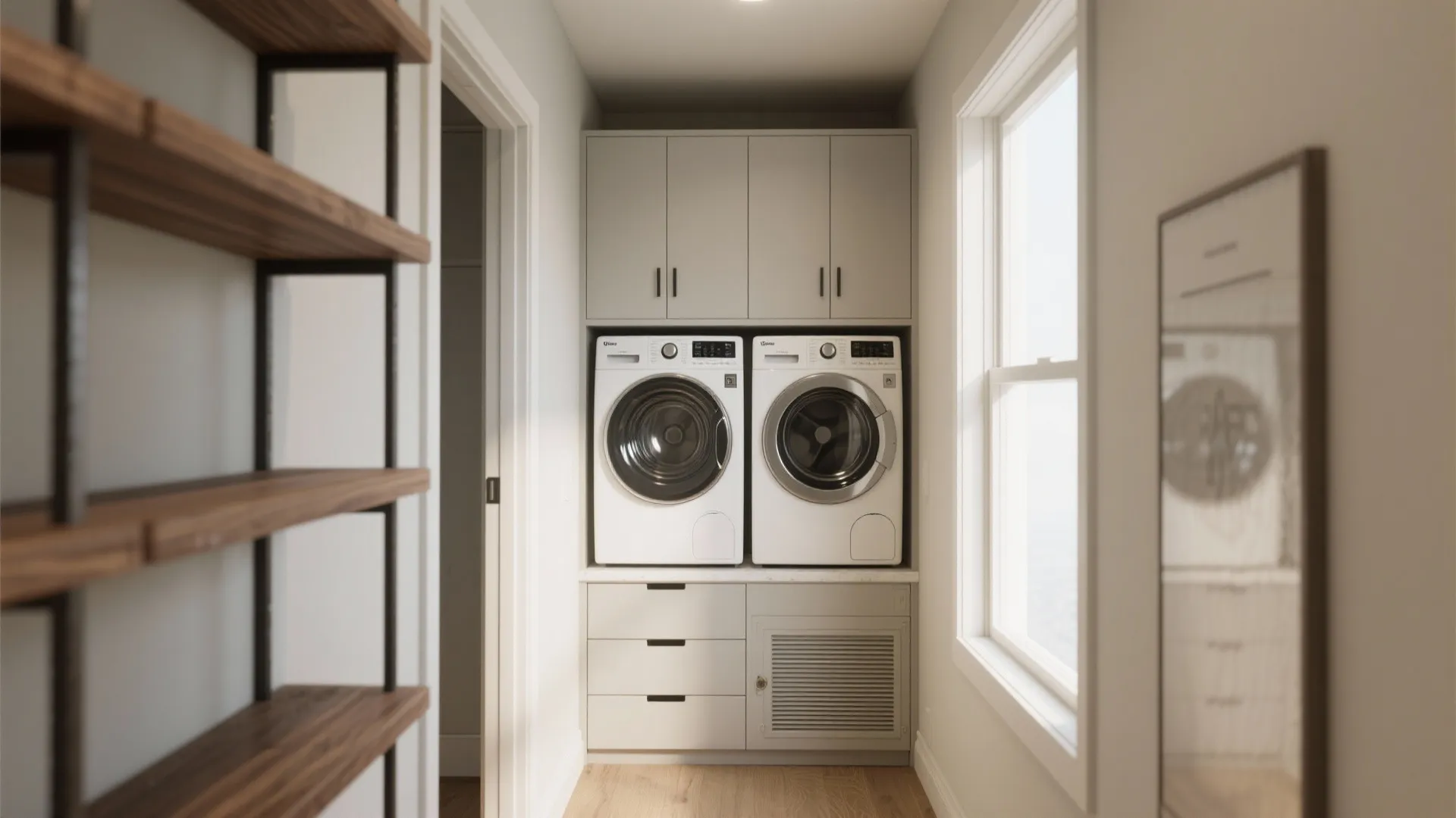 Modern laundry room featuring a washing machine and dryer built into grey custom wall cabinets