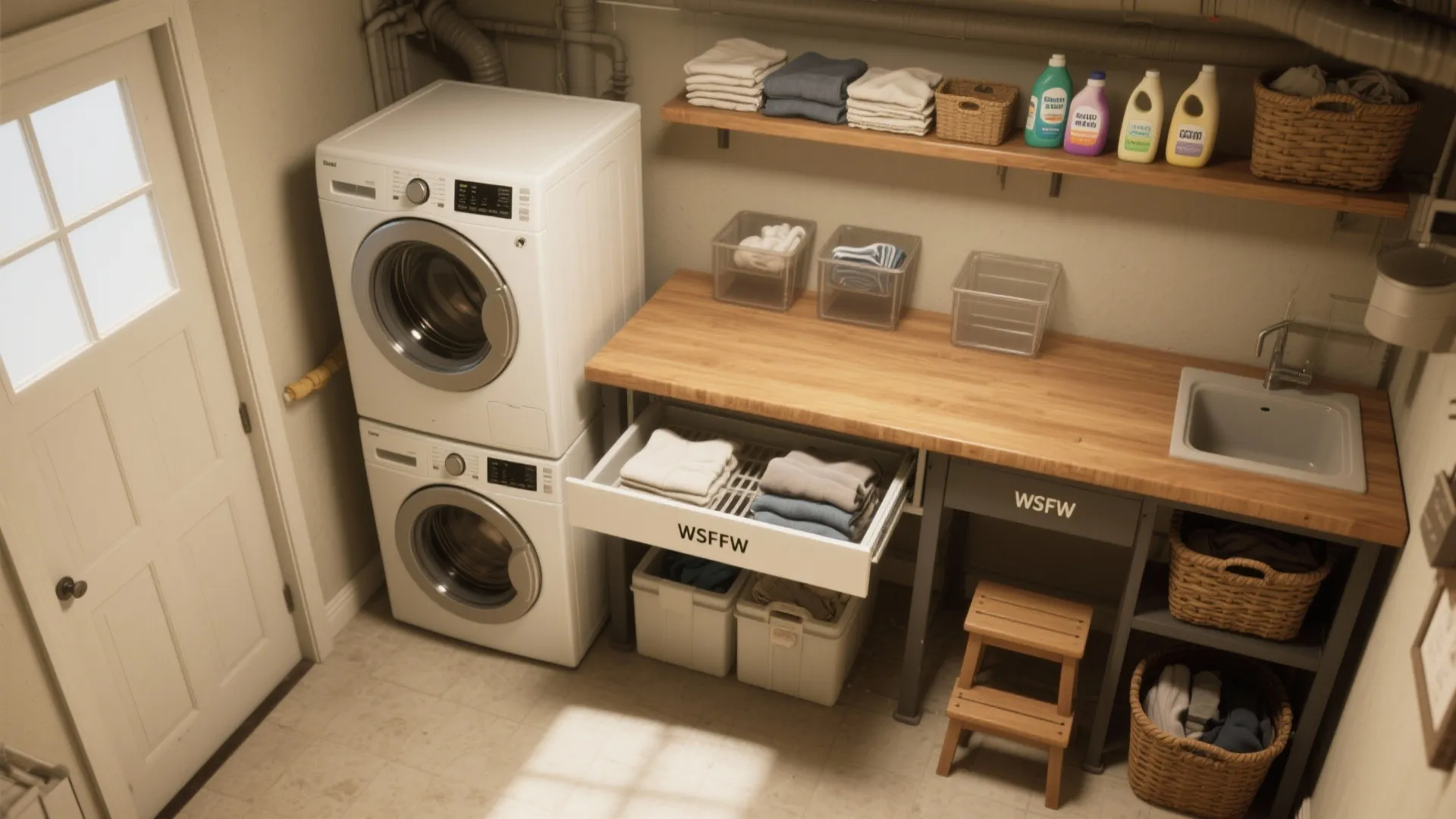 White stacked washing machines beside a wooden laundry counter with sink, shelving, and folded clothes