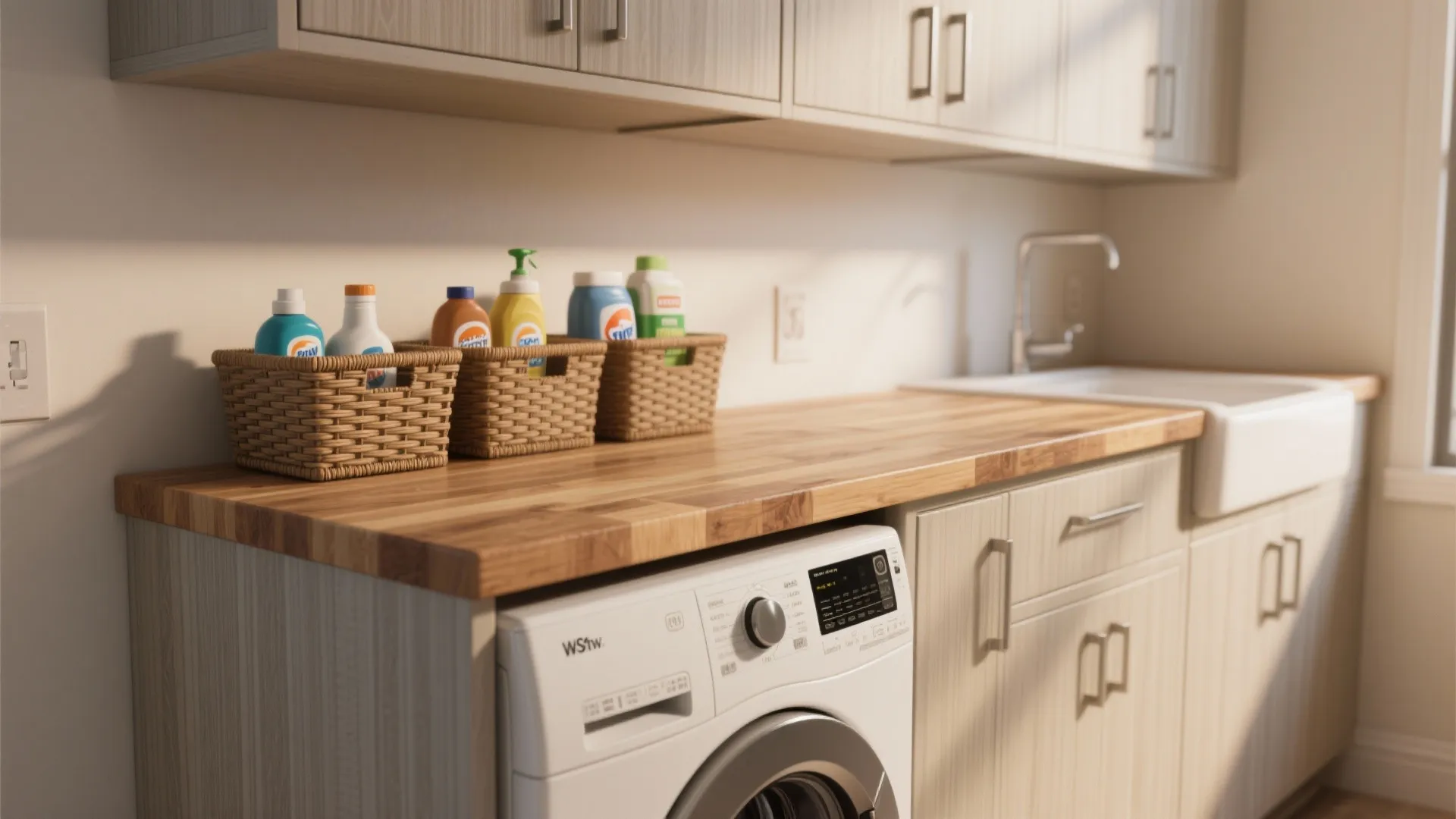 Laundry room wooden countertop with washing machine sink and cleaning products in small woven baskets