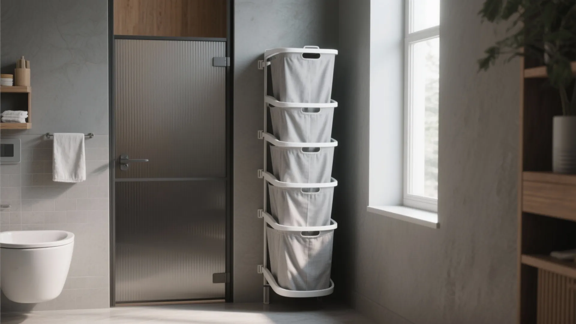 Five grey laundry baskets stacked in a white metal rack next to a bathroom window