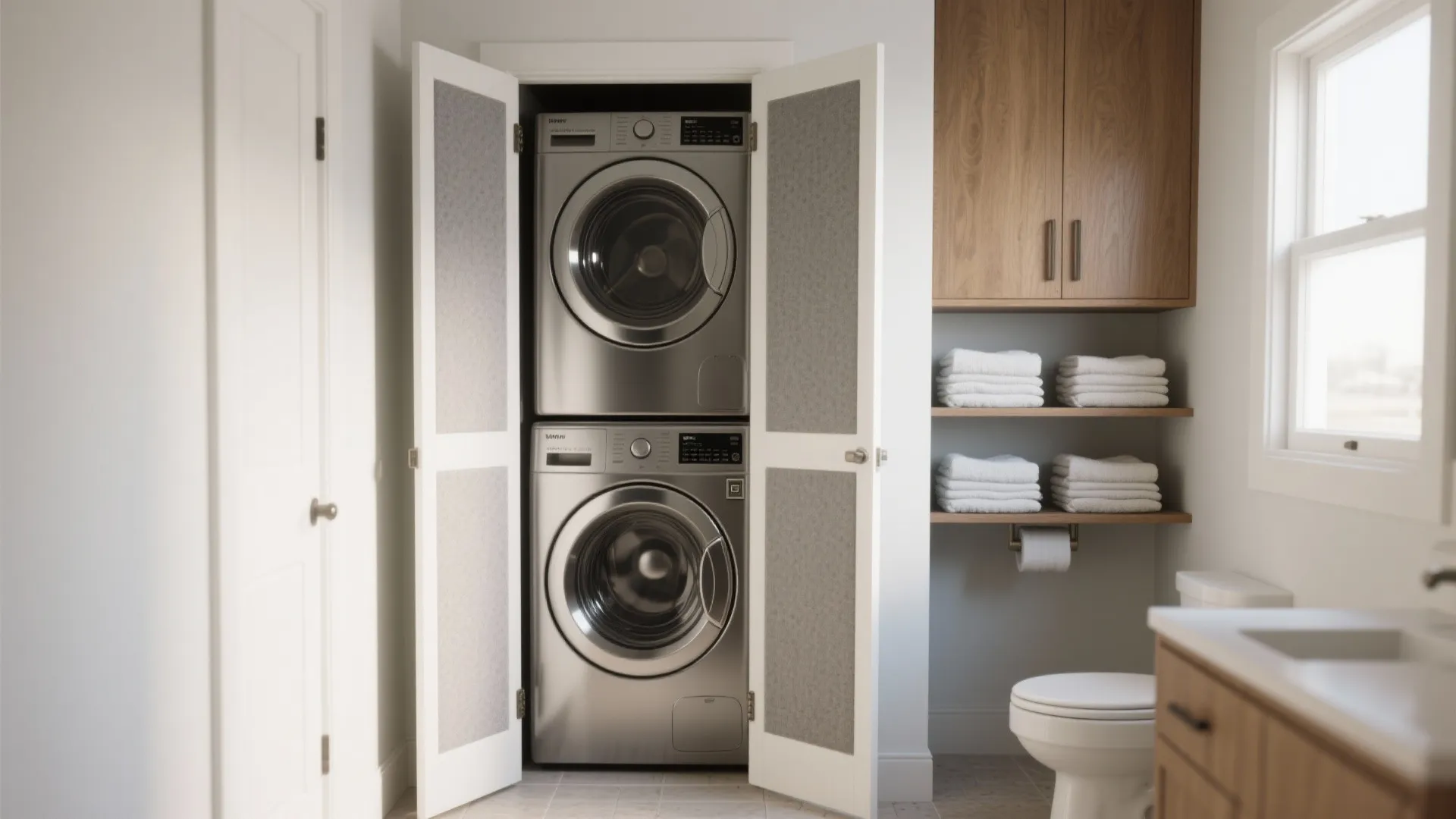 1. Stack and hide: vertical laundry in bathroom nooks