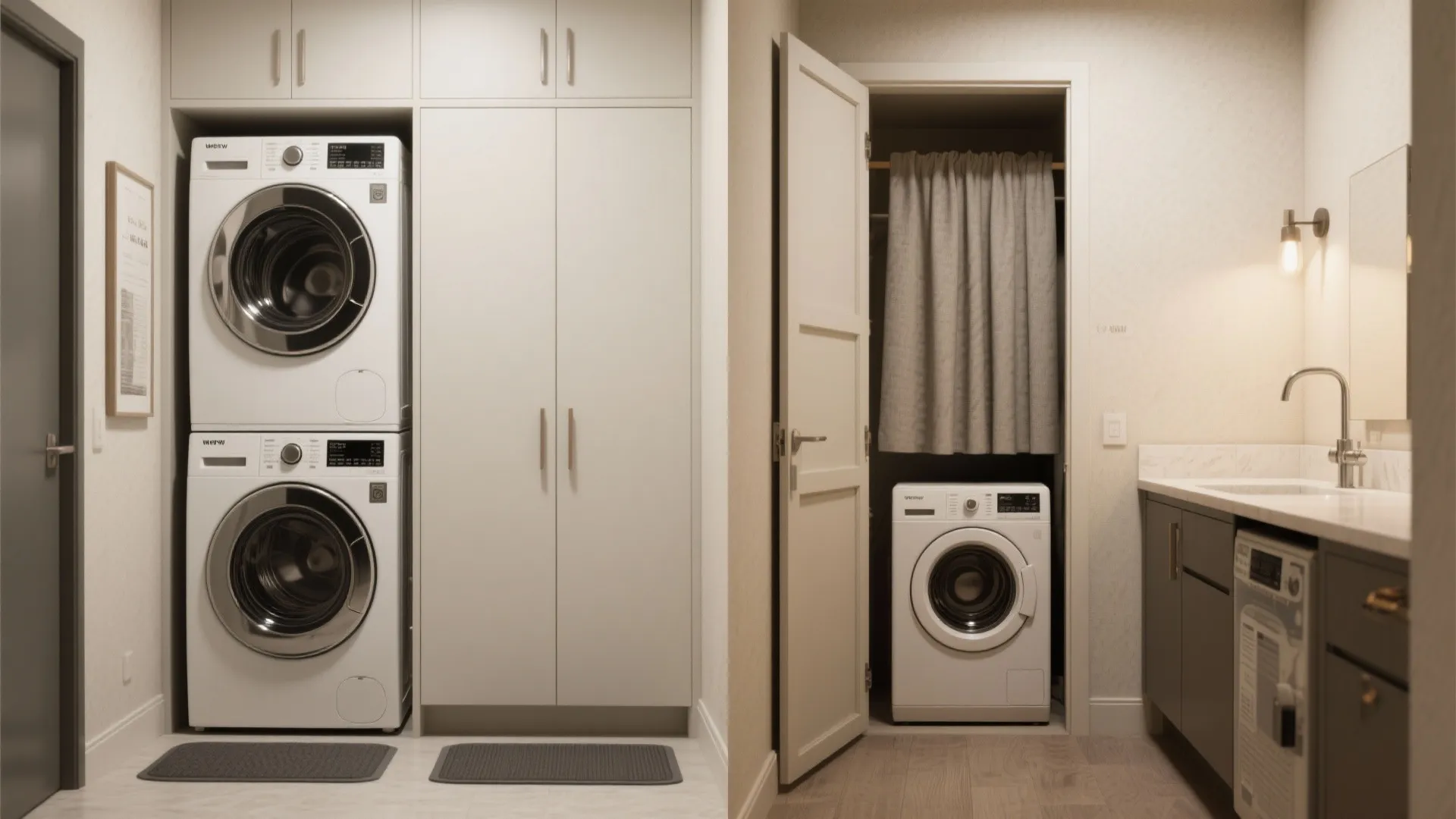 Side by side comparison of stacked washing machines and a single washer hidden by curtains