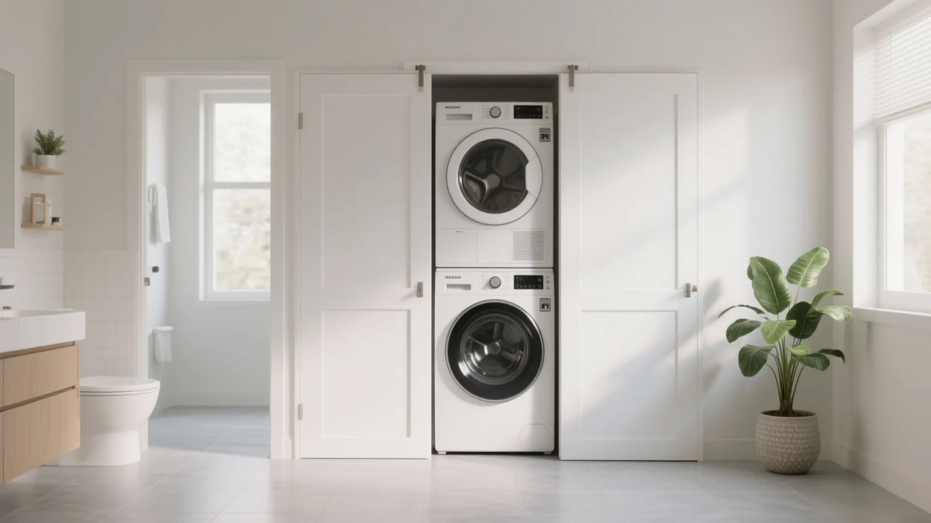 Modern white laundry closet with stacked washing machine and dryer inside a bright minimalist bathroom