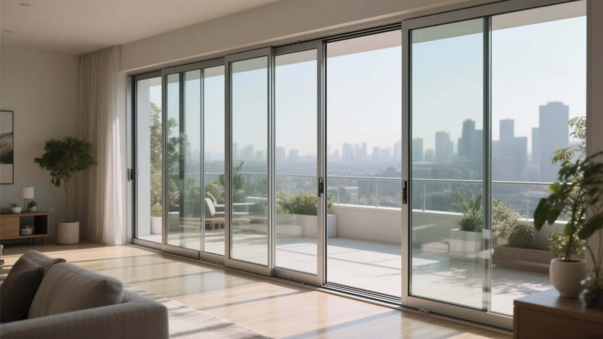 Bright living area with wide sliding glass doors showing a balcony and distant city skyline
