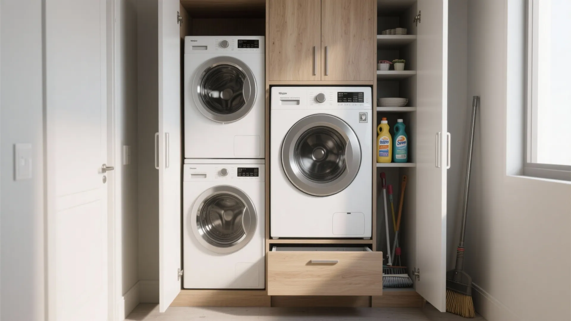 1. True stack with a pull-out pantry beside it