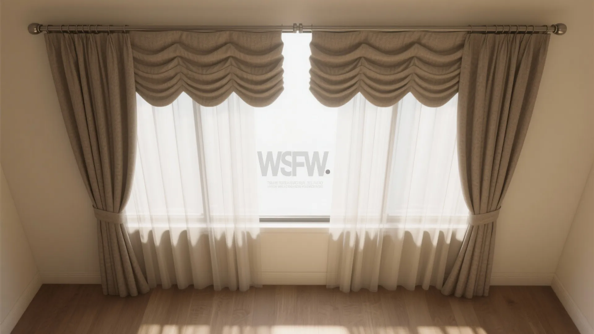 Interior design drawing of brown curtains with decorative top fabric and white sheers on windows