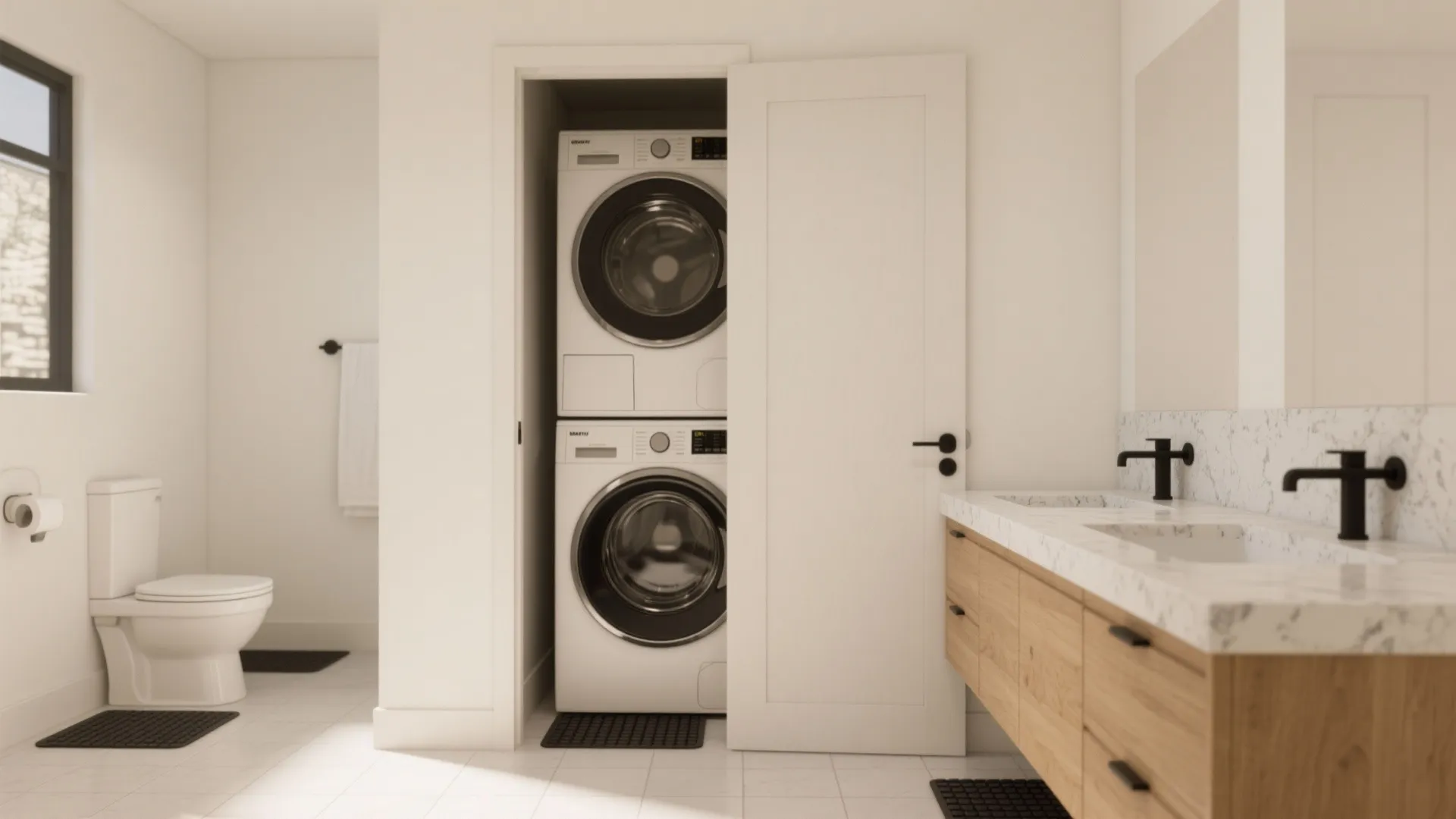 Tip 1: Stack it and slide—pocket door + floating vanity