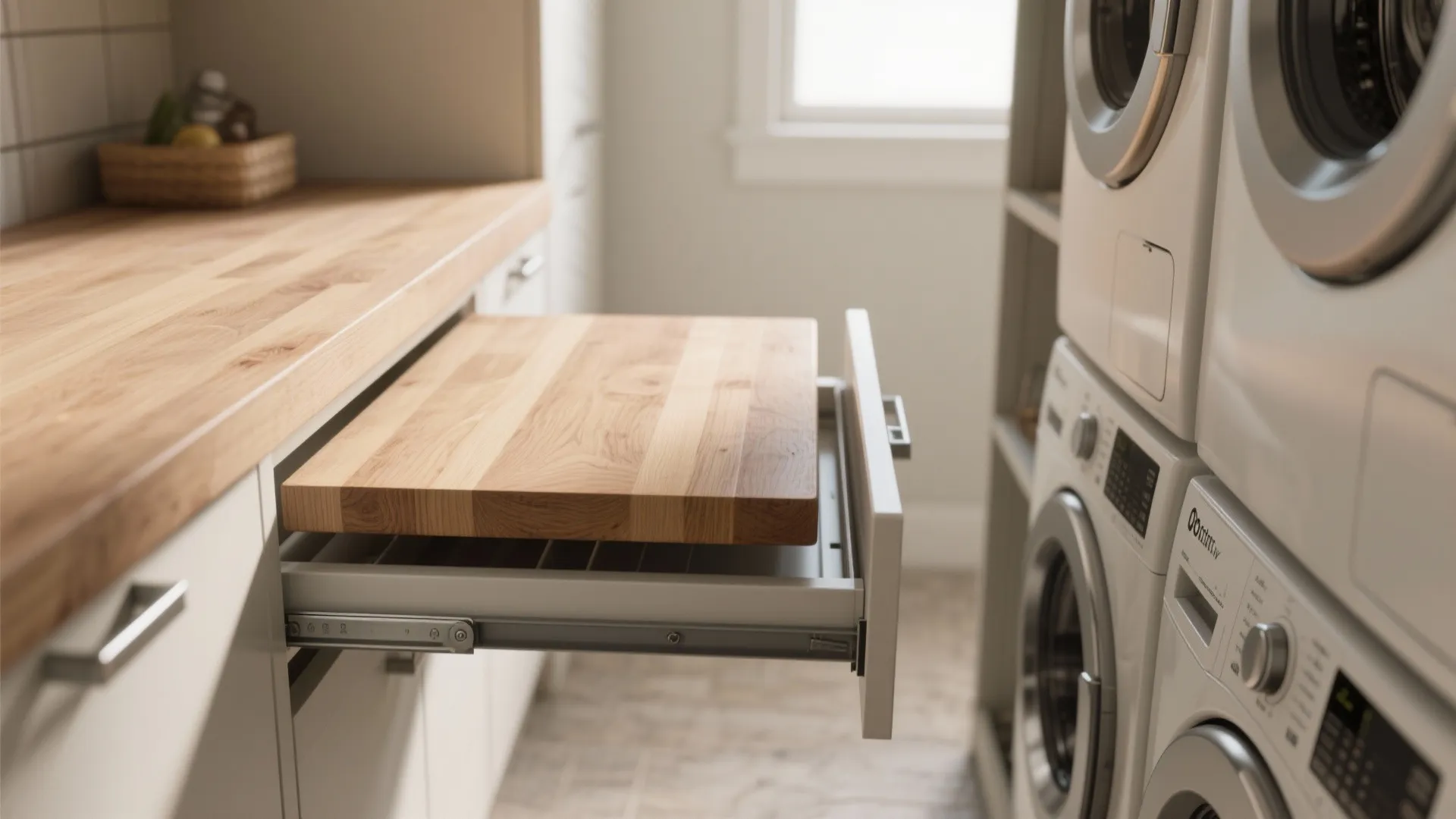 Close up of a wooden pullout cutting board drawer next to stacked white laundry machines