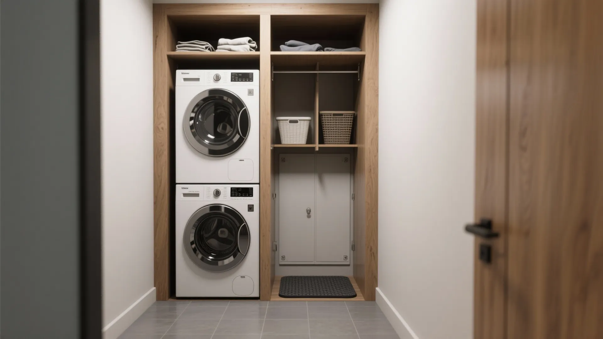 Stacked front-load washer and dryer in a slim closet with a folding shelf and a laundry basket nook.