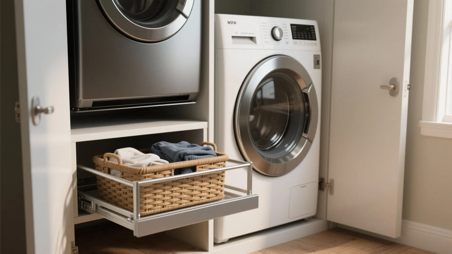 1. Vertical stack + pull-out shelf for supplies