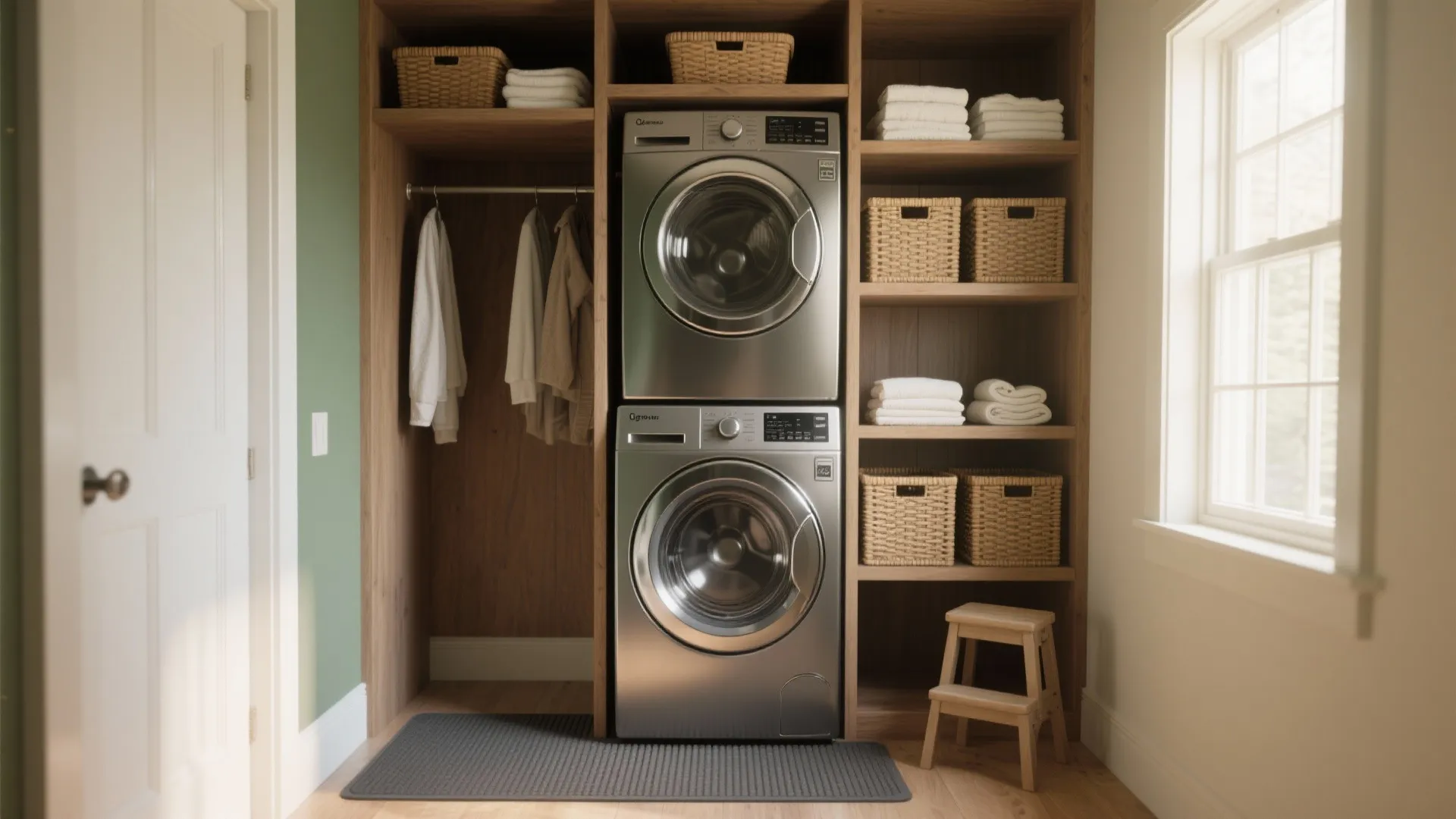 1. Stack and Shelter: Vertical Appliances with Shelving Above