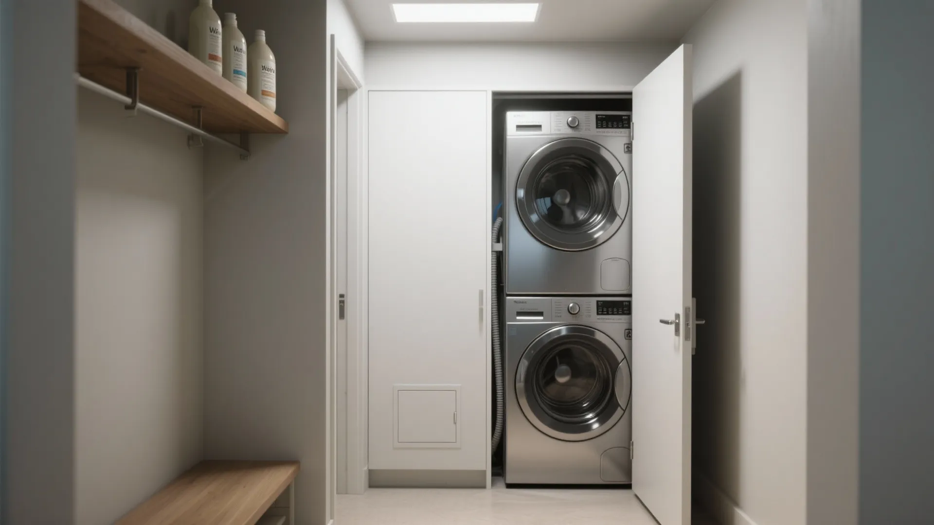 Modern laundry room with stacked silver washing machine and dryer tucked inside a white cabinet