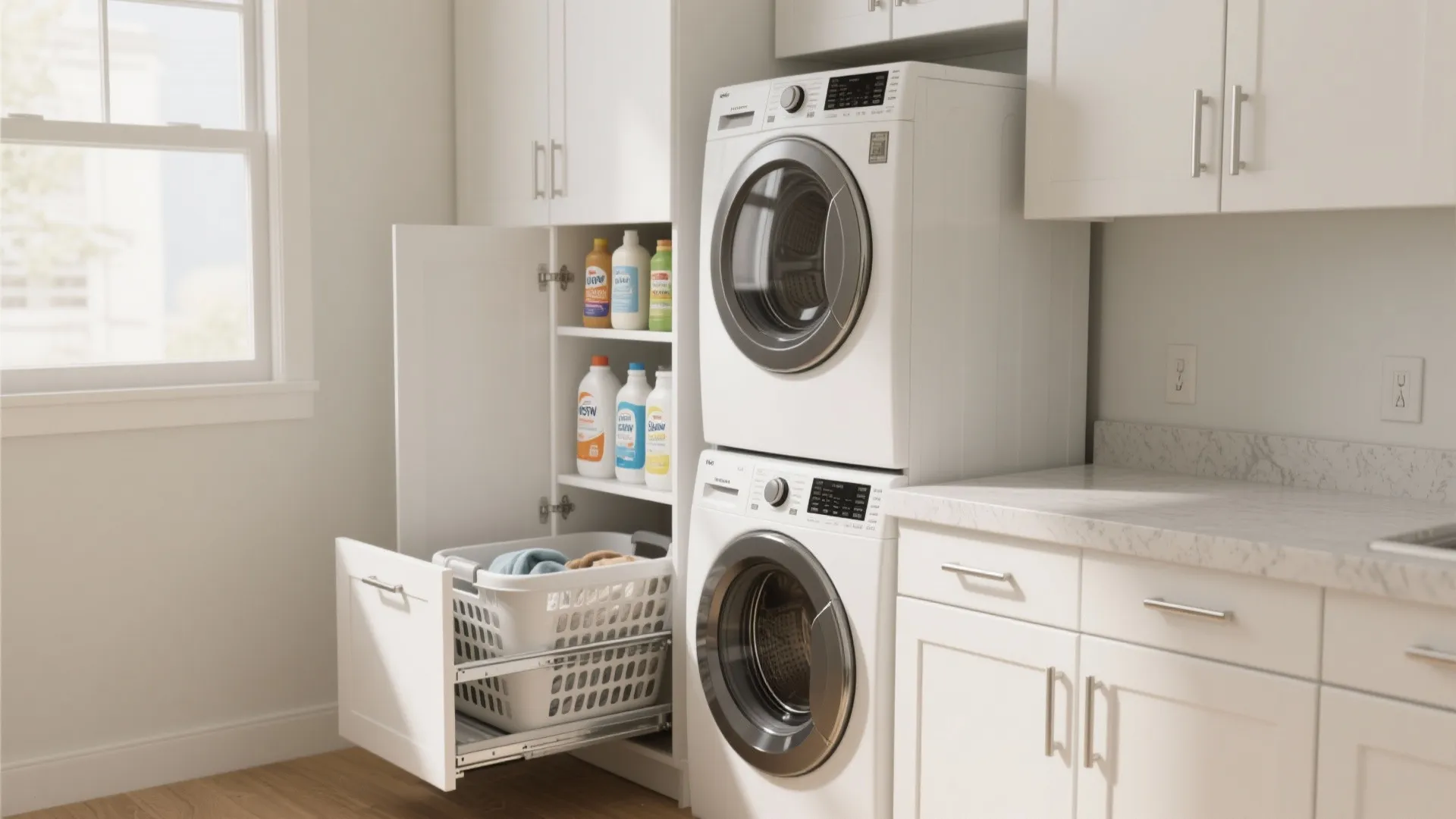 Stacked white washing machine and dryer next to a cabinet with laundry supplies and basket