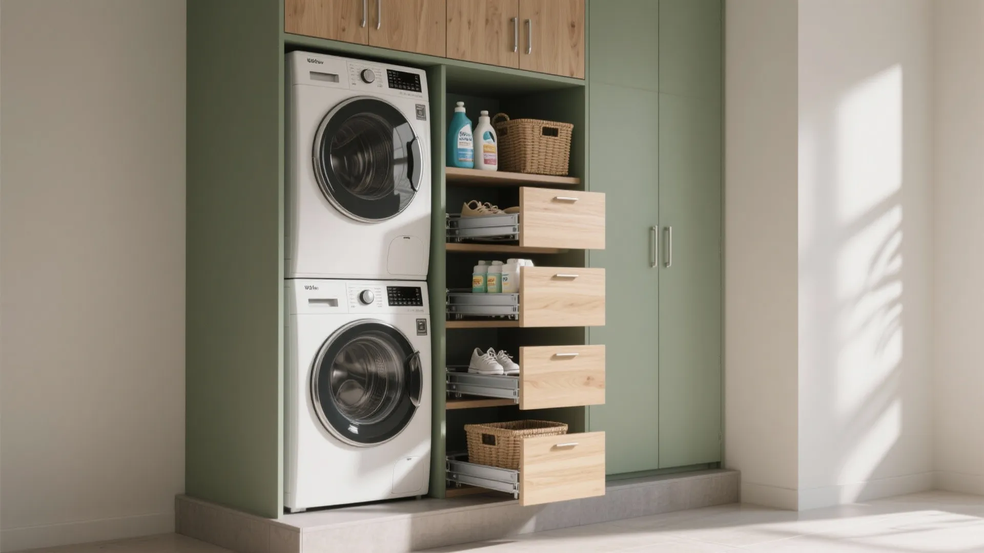 Stacked washer and dryer beside a tall cabinet with pull-out shelves holding detergent and baskets in an 8x10 laundry room.