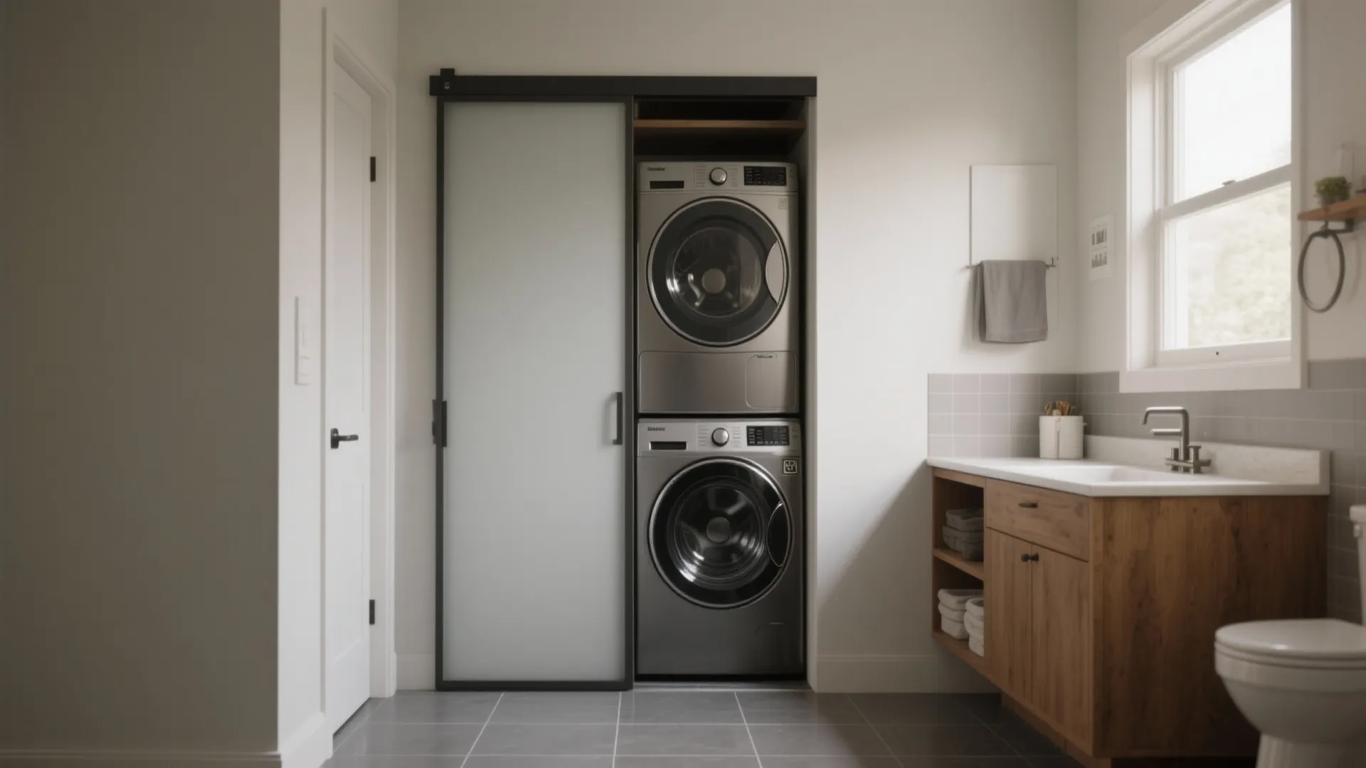 Small bathroom layout with stacked laundry machines sliding frosted glass door and wooden bathroom cabinet
