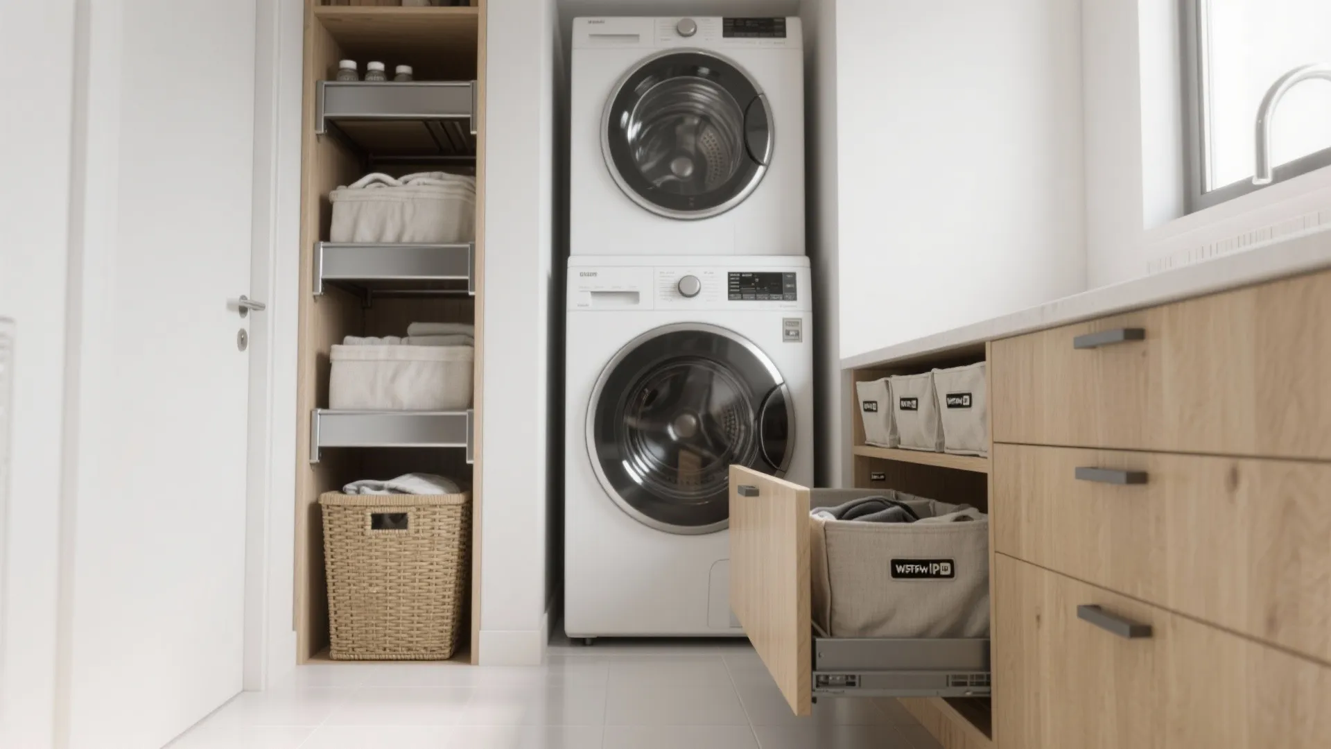 Stacked white washing machine and dryer next to a wood cabinet with open pullout drawers