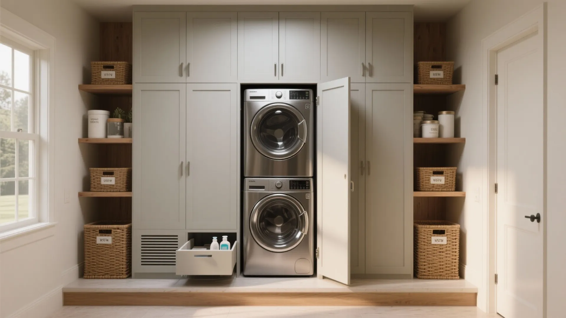 Stacked washing machine and dryer hidden inside white cabinets with storage baskets on side shelves