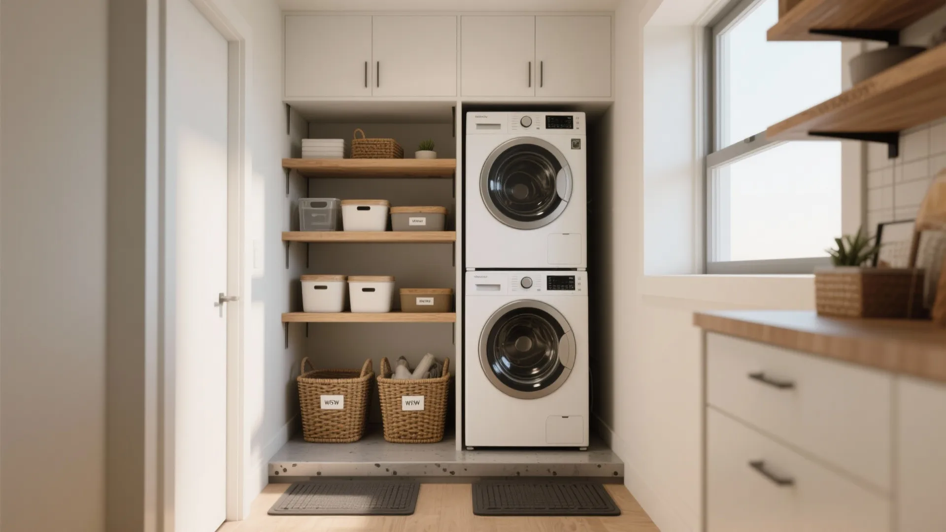 Clean laundry room design with stacked appliances white storage cabinets wooden shelves and woven baskets