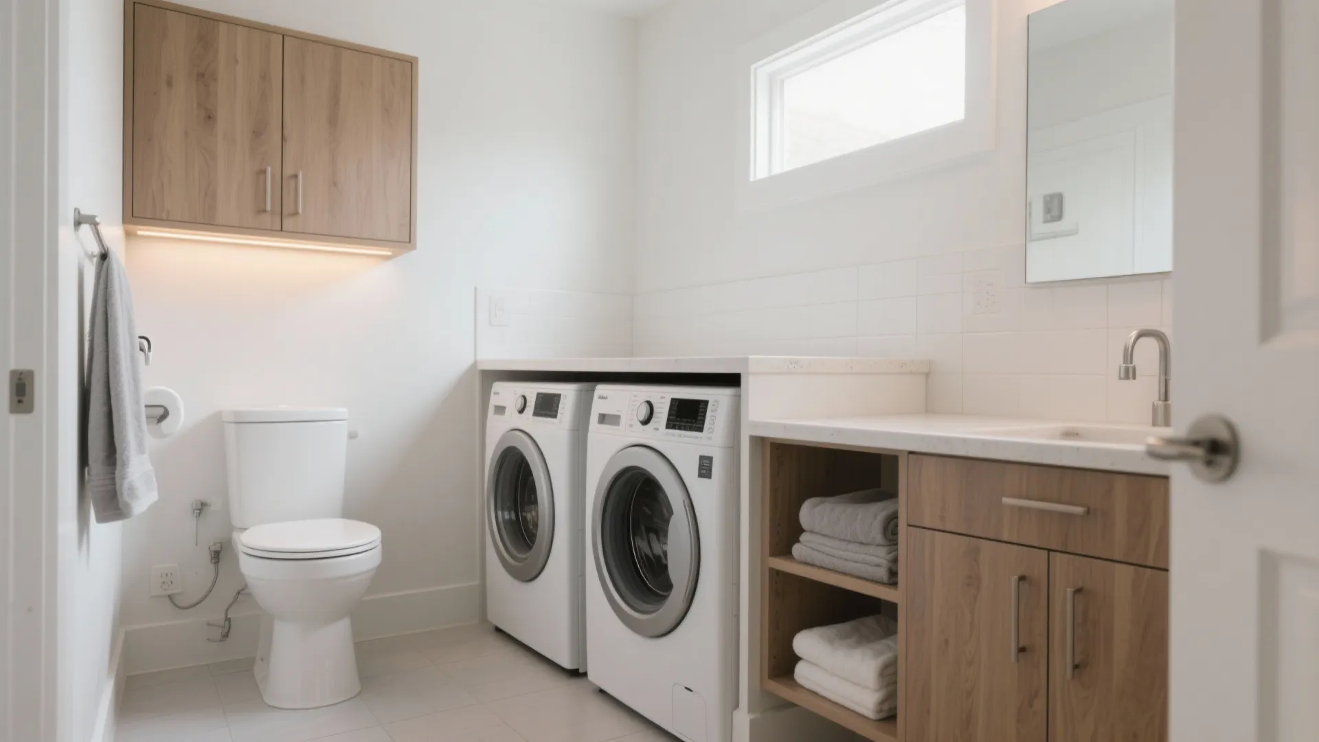 4) Stack smart: vertical laundry, fold-down counter, and over-toilet storage