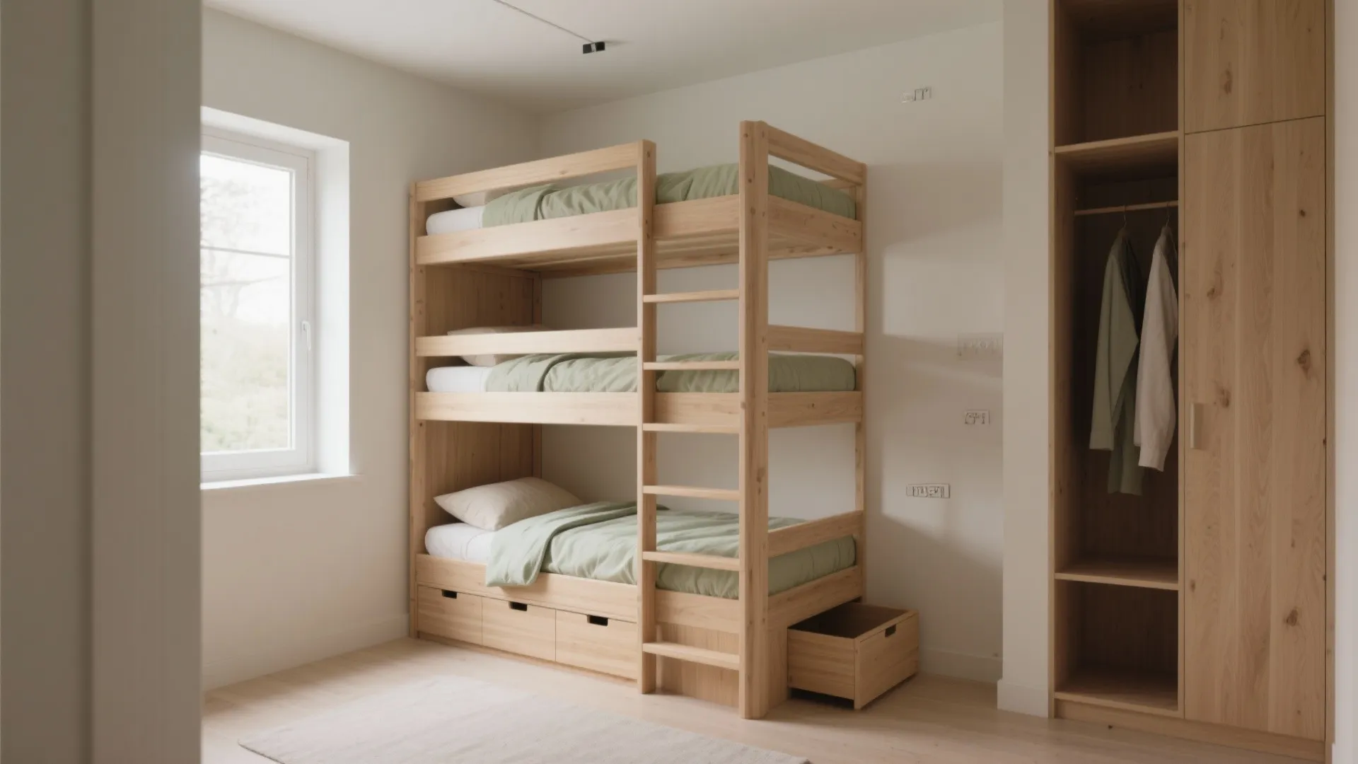 Stack-smart triple bunks with integrated storage