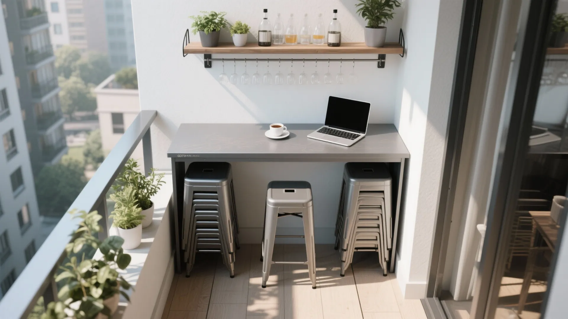 3. Stackable stools and a bar shelf