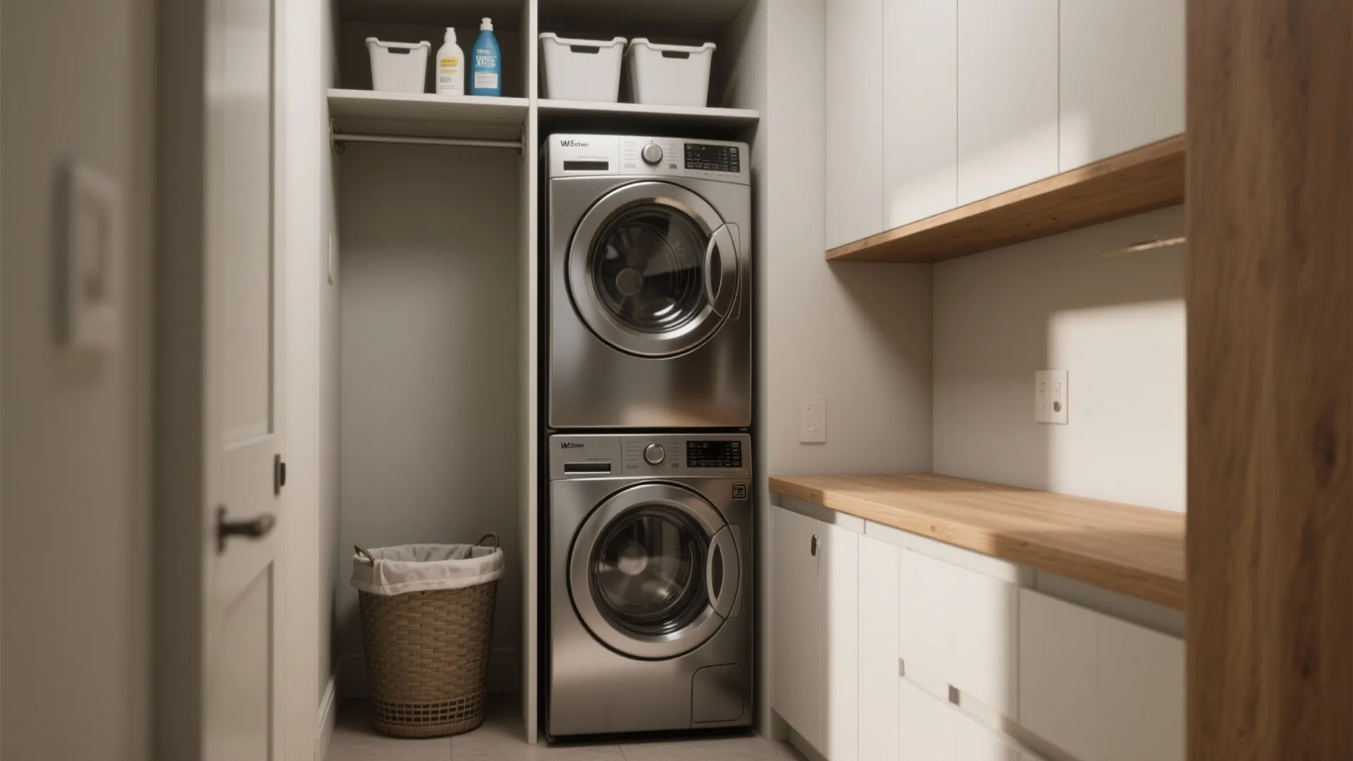Functional laundry room design featuring stacked washing machine and dryer next to white storage cabinets and
