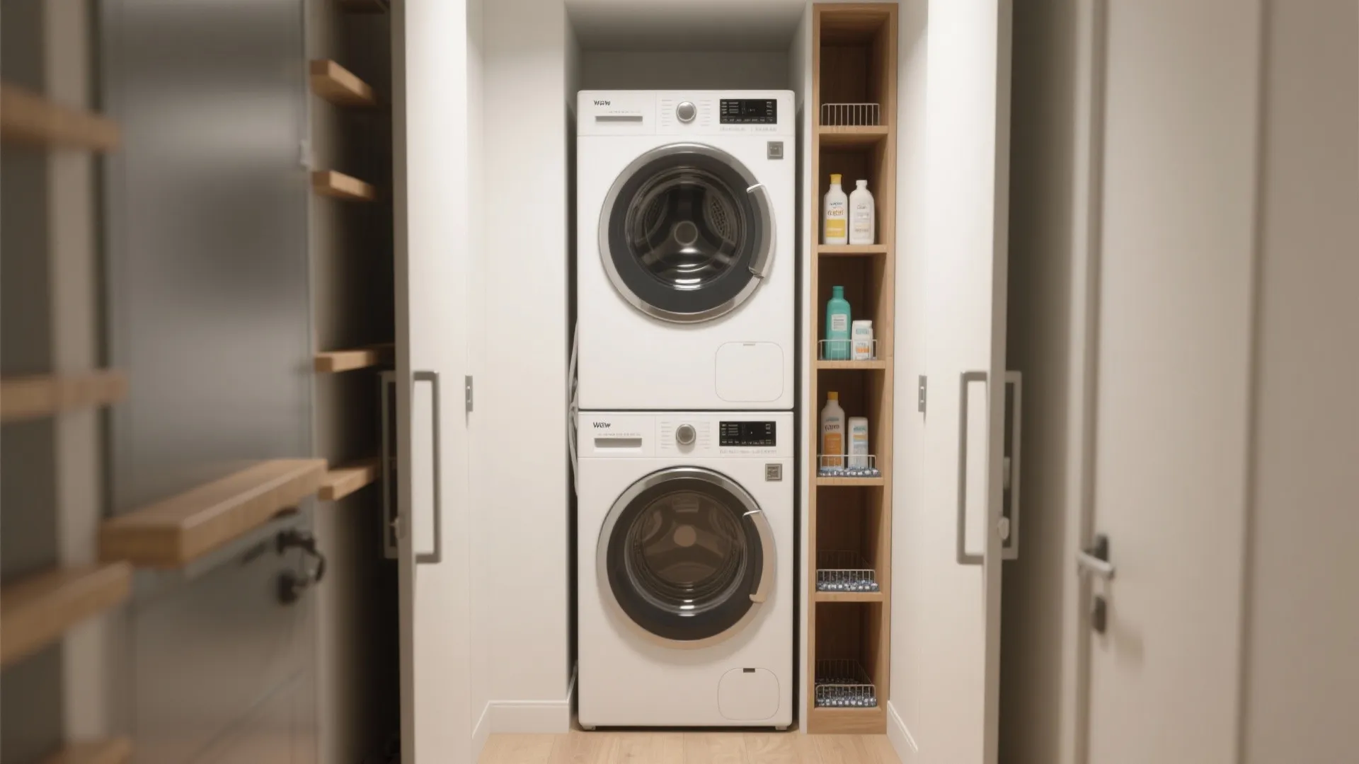1. Stack smart: washer-dryer tower with a vertical shelf strip