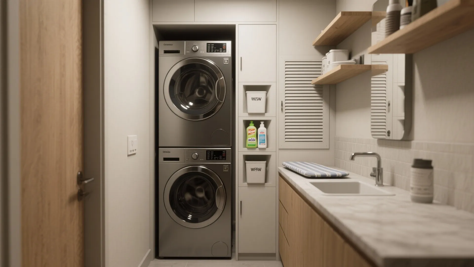 Small laundry area featuring stacked silver washing machines narrow storage shelves wooden cabinets and white sink