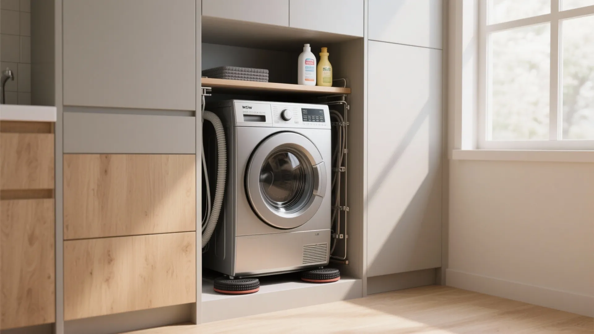 Silver washing machine placed inside a custom cabinet space with a shelf for cleaning supplies