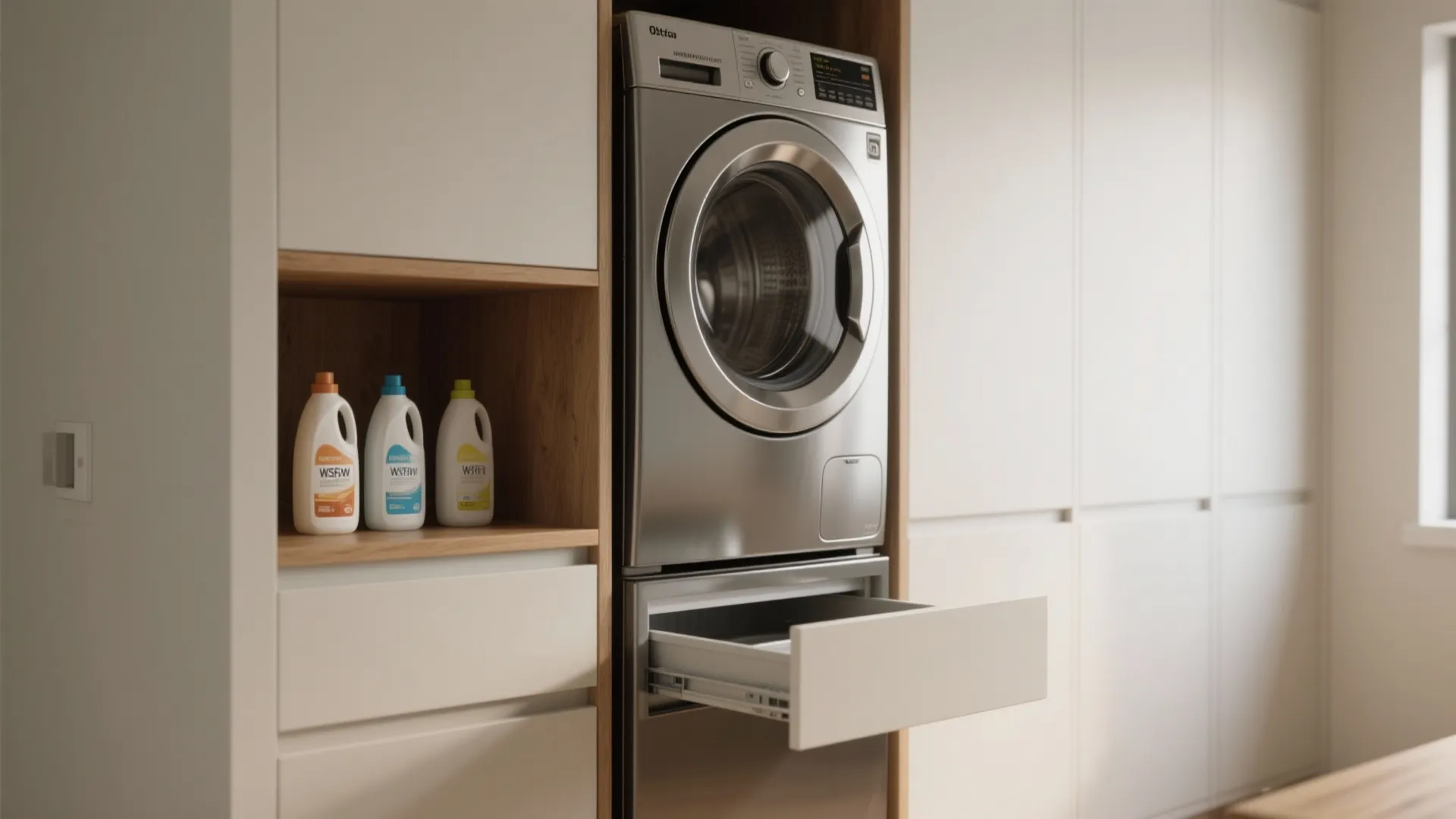 1. Stack and tuck: Vertical washer-dryer with pull-out storage