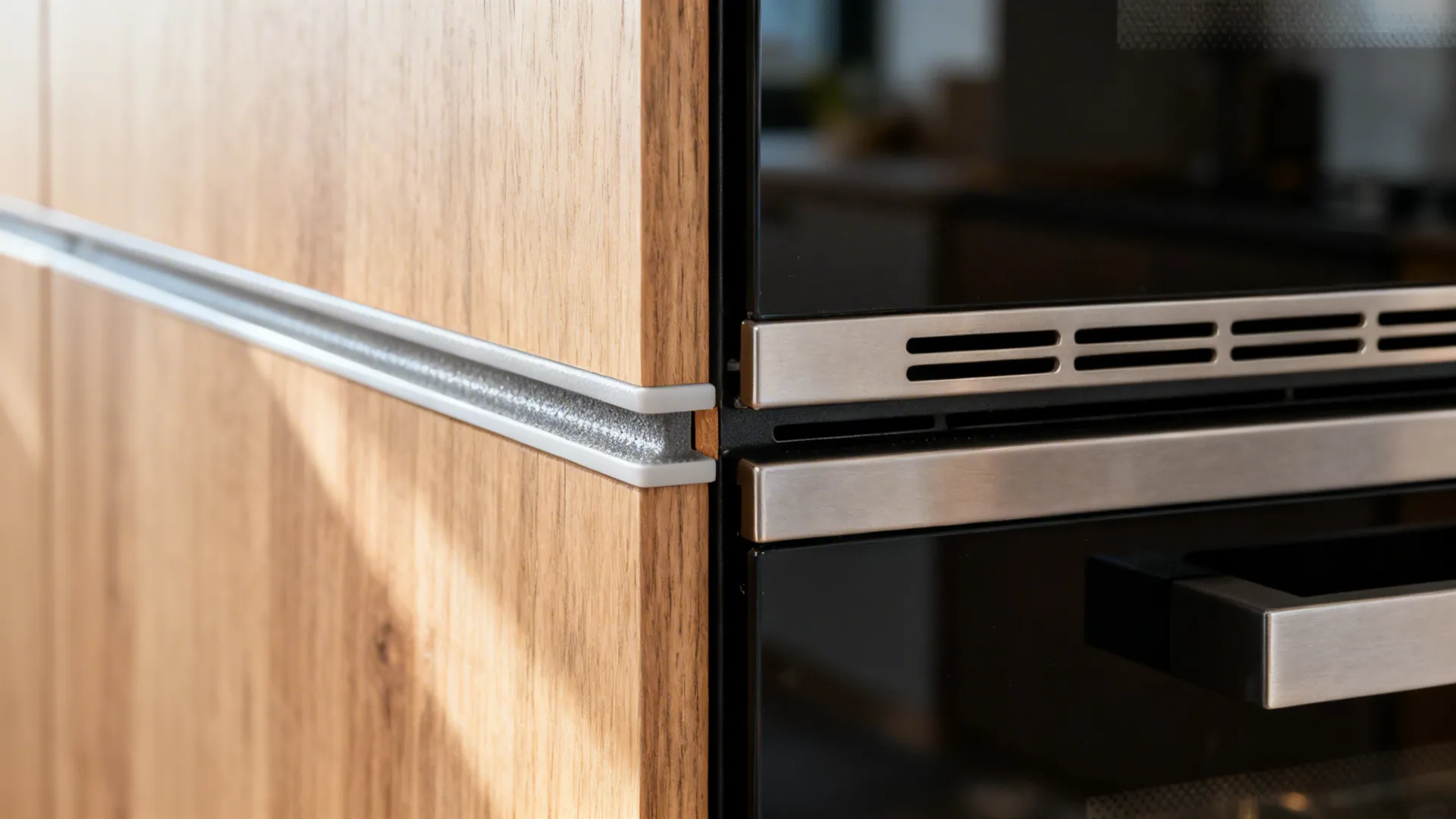 Close-up of ventilation gap and heat-resistant edging in a tall appliance stack.