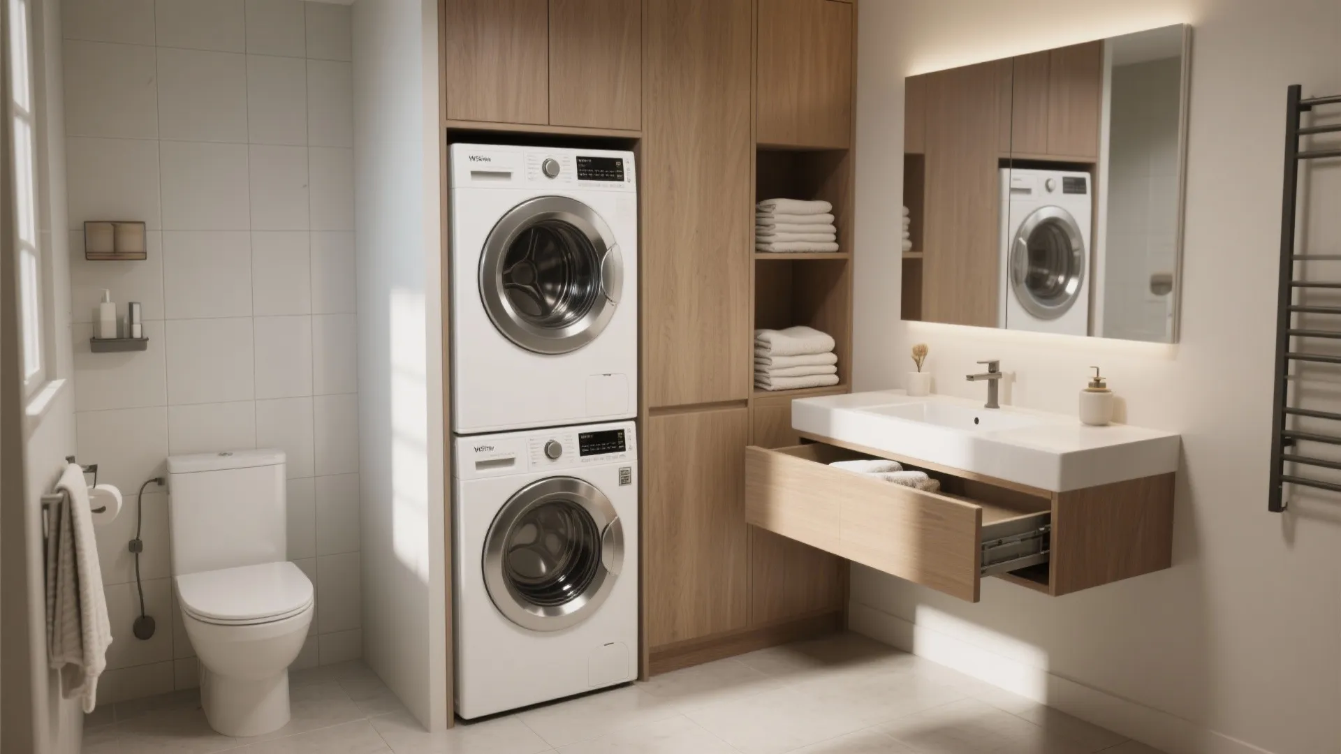 Stacked washer and dryer in a tall cabinet with a chest-height pull-out shelf beside a bathroom vanity.