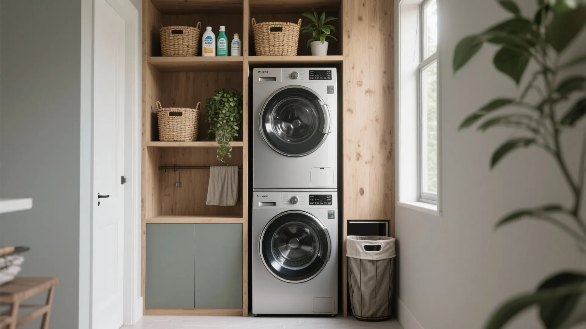 Stacked silver washer and dryer inside a wooden cabinet with storage baskets and a plant