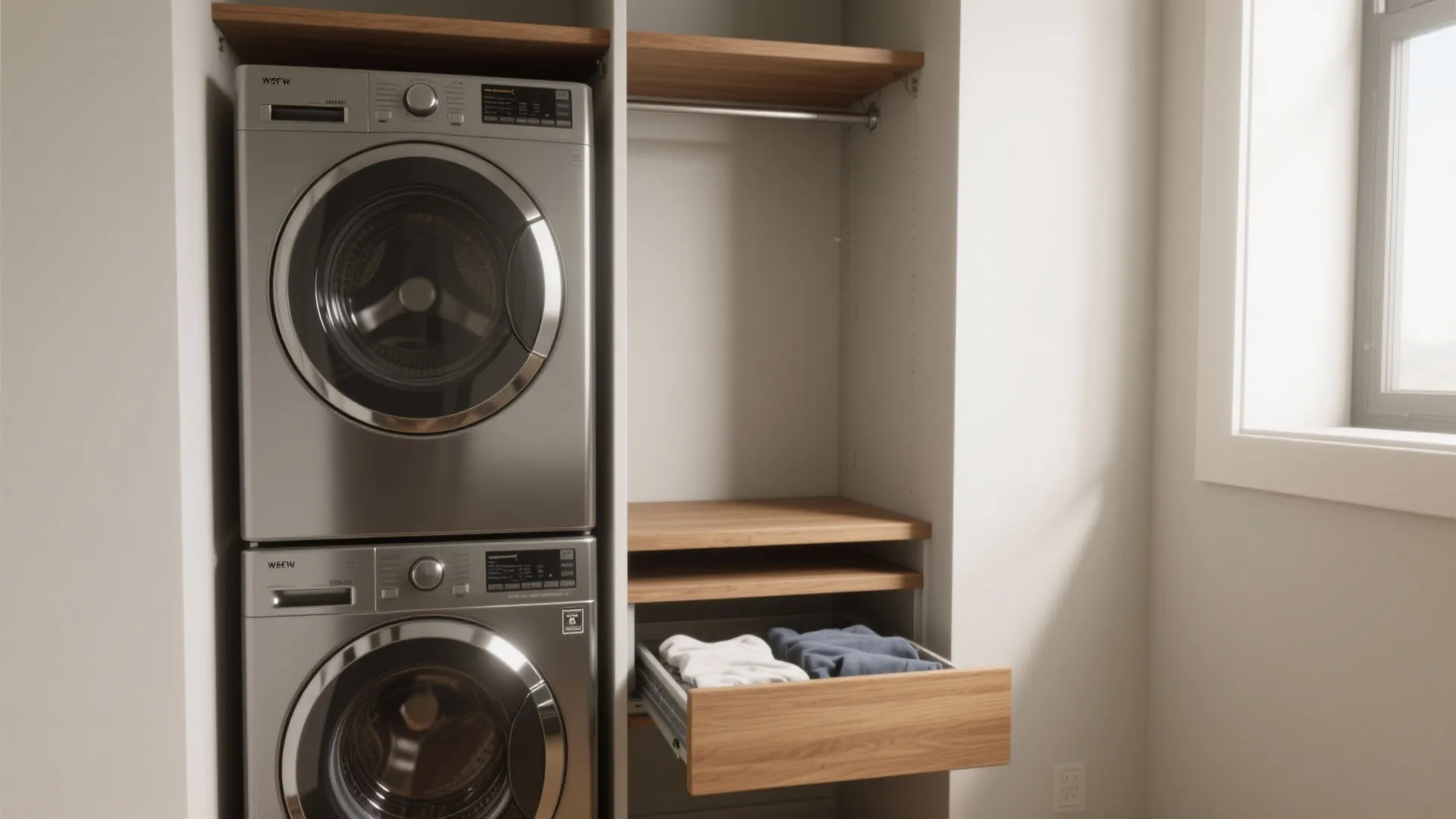 Vertical stacked silver washing machine and dryer in a white laundry closet with wooden storage shelves